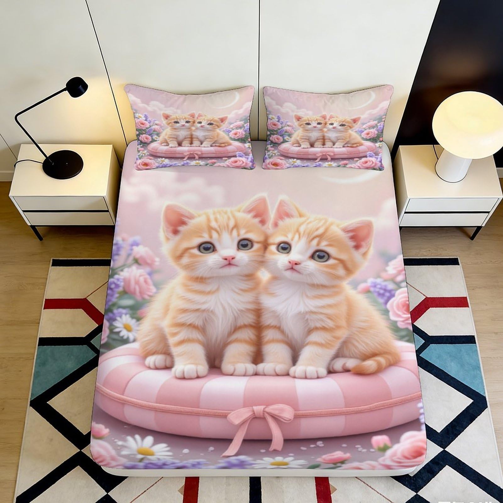3D Printed Cute Cat Fitted Sheet Microfiber Deep Pocket Cartoon Cat Mattress Fitted Cover Non-Slip Elastic Hem for Bedroom 180x200x25cm