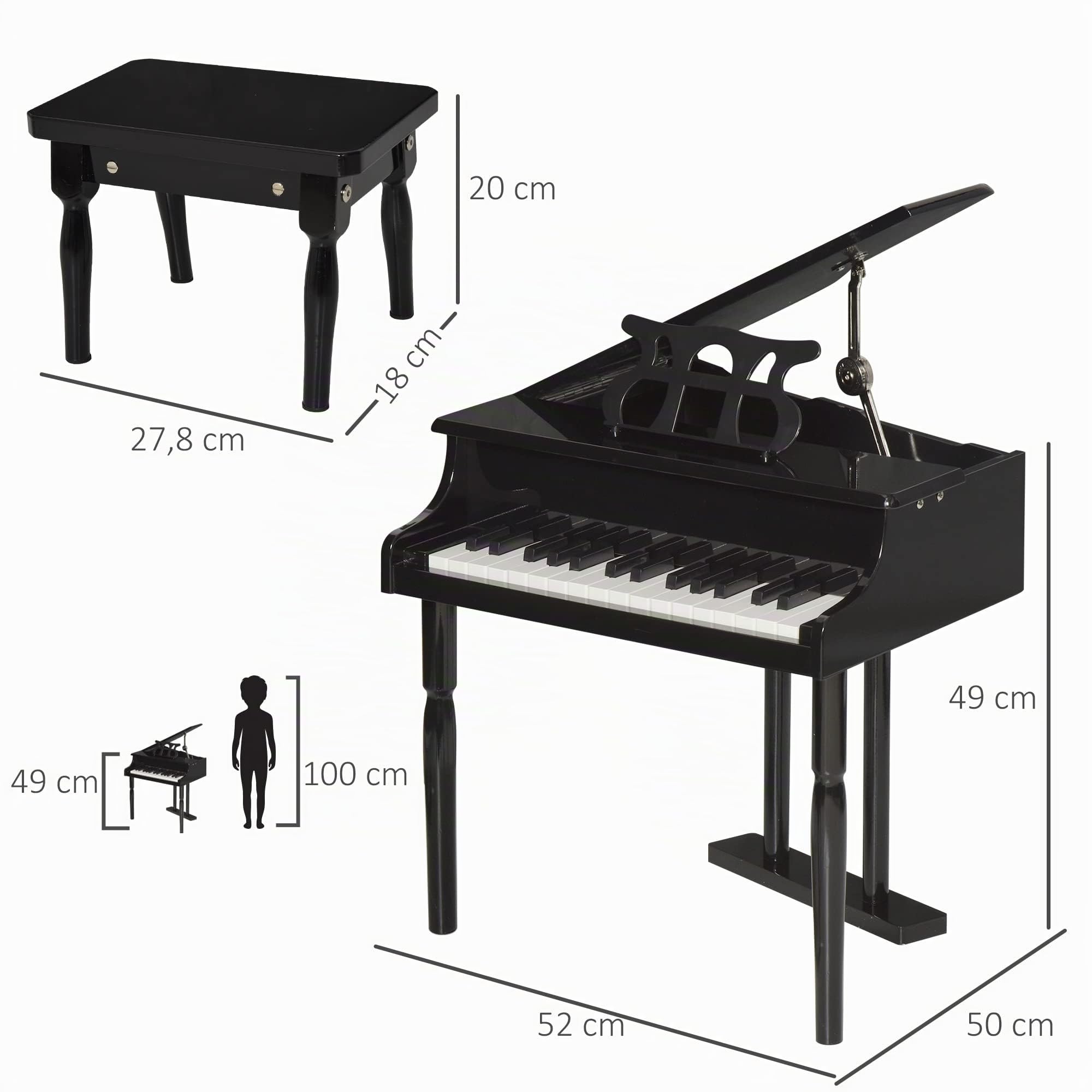HOMCOM Piano de Cola Infantil de Madera con 30 Teclas Taburete y Atril de Partituras Piano para Niños Instrumento Musical Didáctico 52x50x49 cm Negro