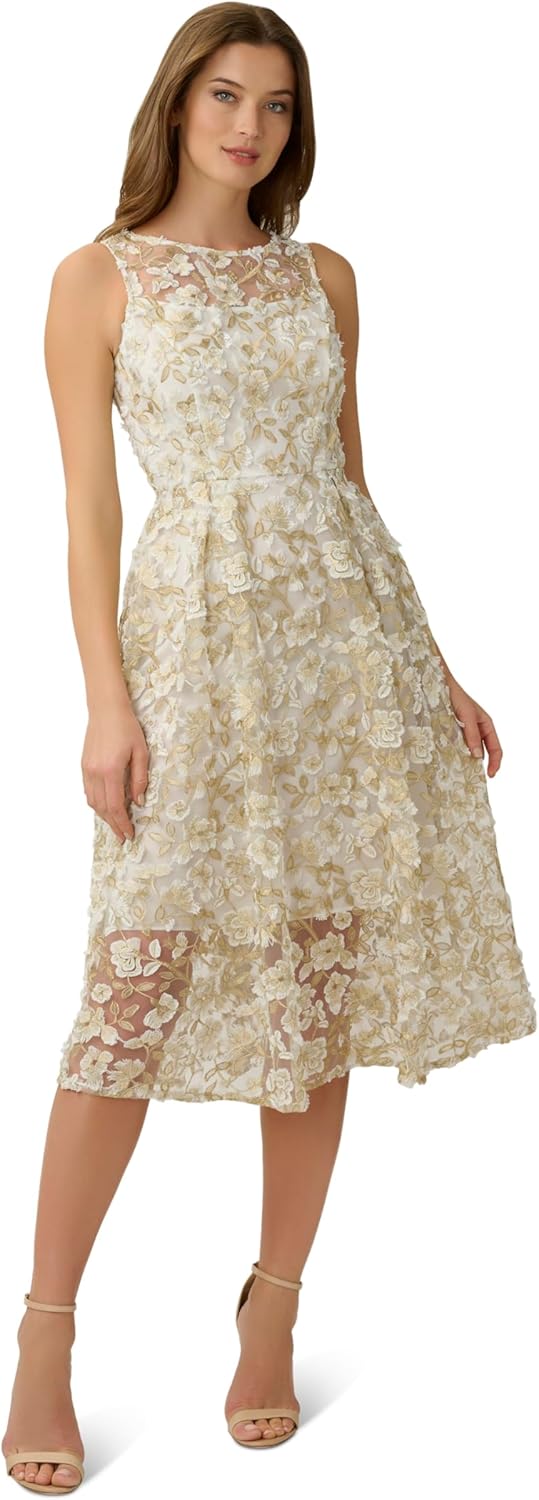 Adrianna Papell Women's 3D Lace Midi Fit and Flare