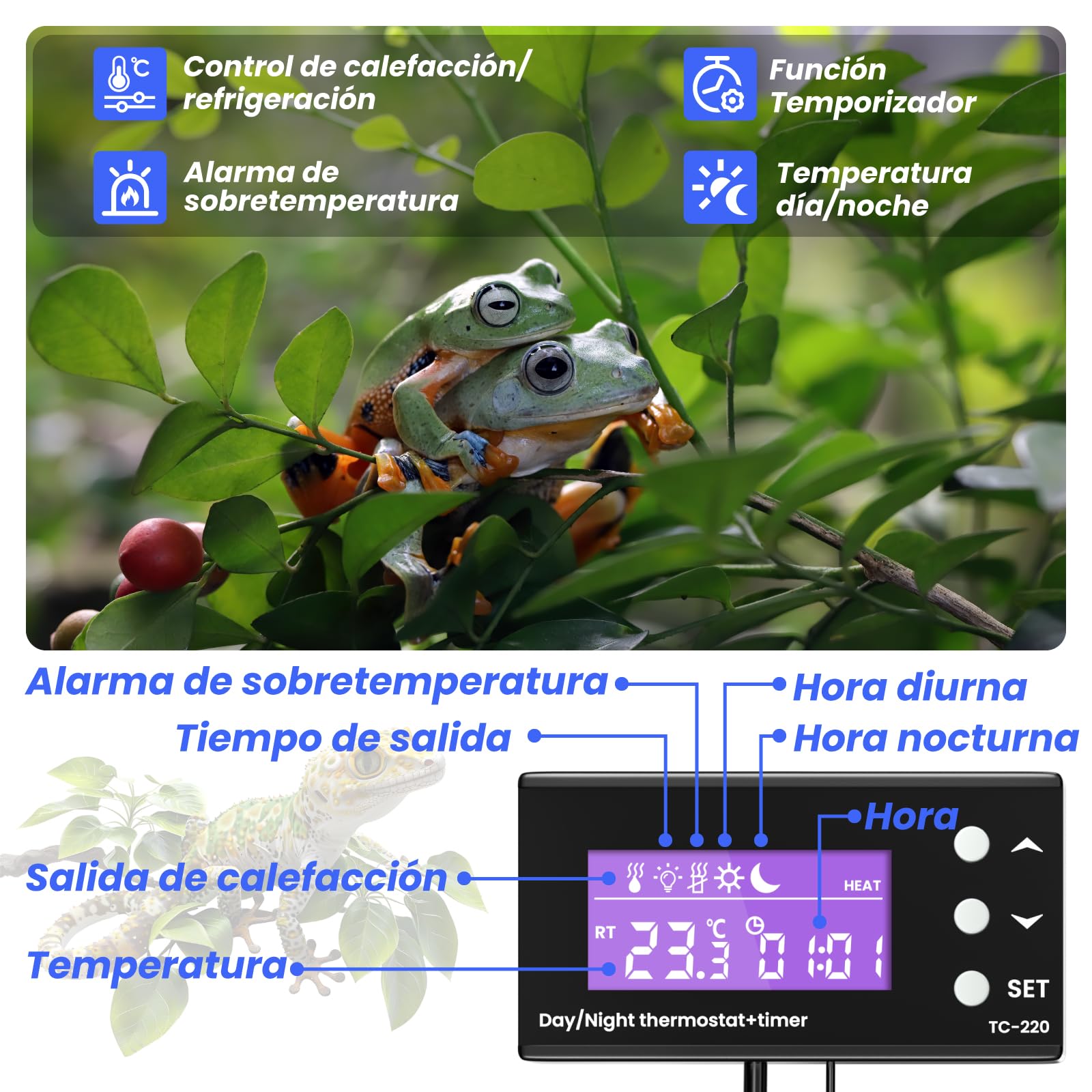 GlowUp Enchufe con Termostato, Termostato Digital para Reptiles Controlador de Temperatura con Temporizador, Regulador de Temperatura de Calefacción/Refrigeración para Acuario, Invernadero, Reptil