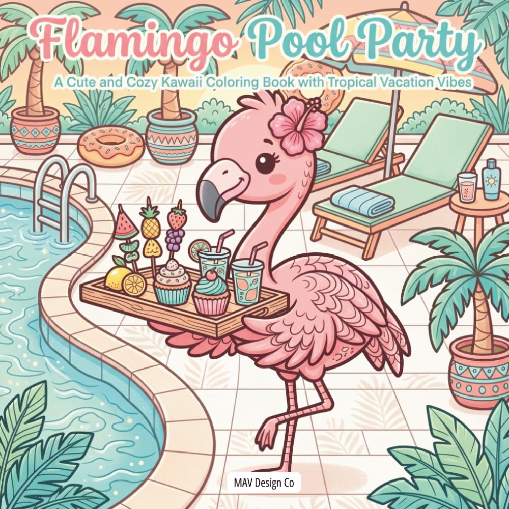 Flamingo Pool Party A Cute and Cozy Kawaii Coloring Book with Tropical Vacation Vibes: Featuring Sunny Pool Days, Sweet Treats, Palm Trees, and Relaxing Flamingo Fun