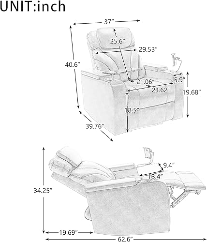 Miniatura 2 de Merax Silla reclinable de cuero, asiento eléctrico de cine en casa con reposabrazos de audio multimedia, portavasos y almacenamiento, color gris