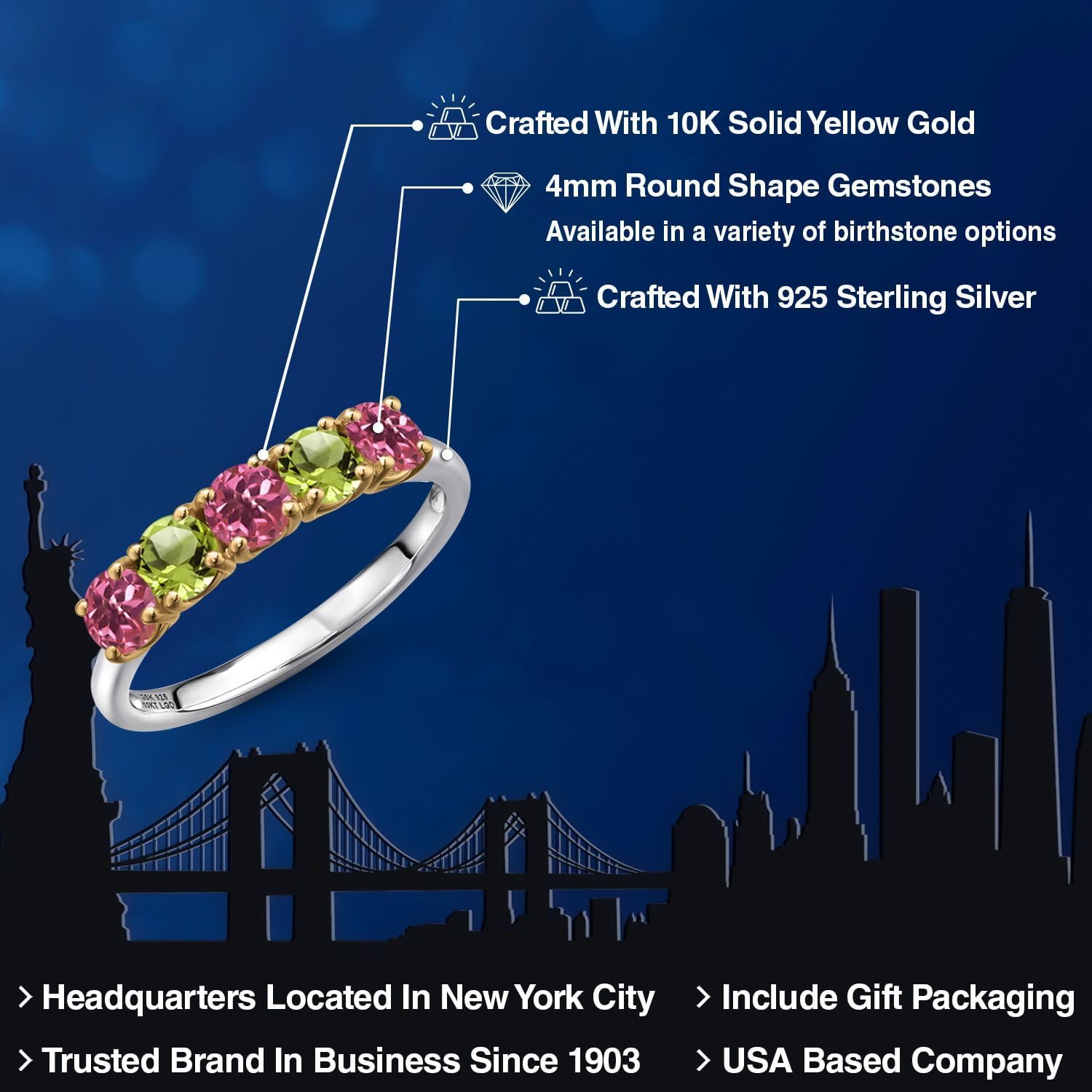 Gem Stone King 925 Silver and 10K Yellow Gold Pink Tourmaline and Green Peridot Wedding-Bands Ring For Women | 1.35 Cttw | Round 4MM | Gemstone October Birthstone - Image 2