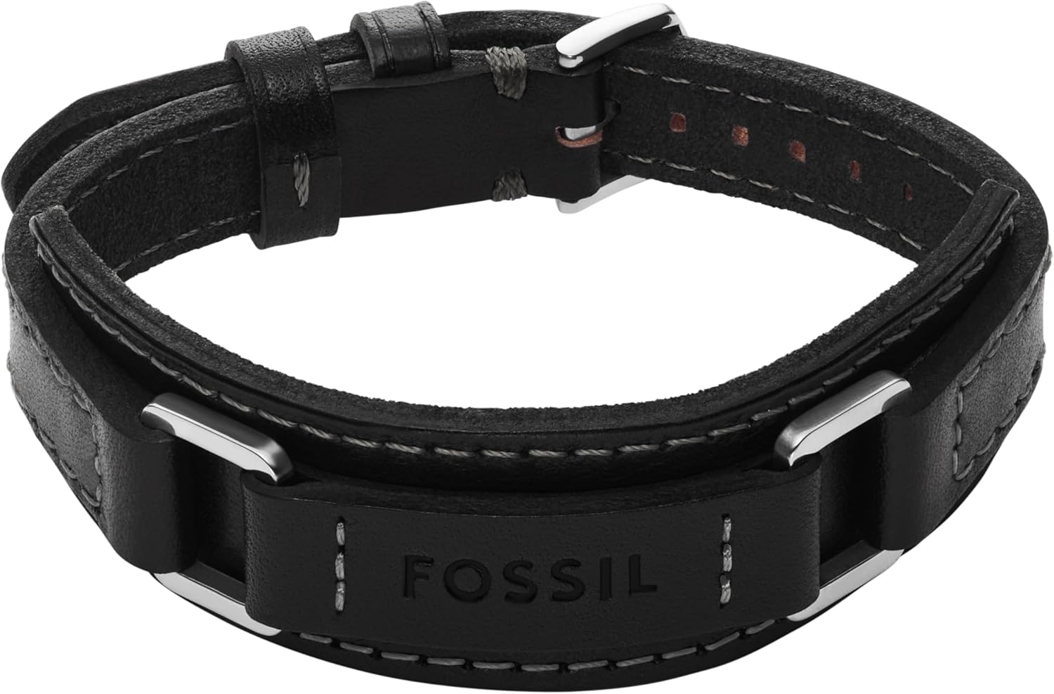 Fossil Men's Machine Rugged Stainless Steel and Black Padded Leather Strap Bracelet