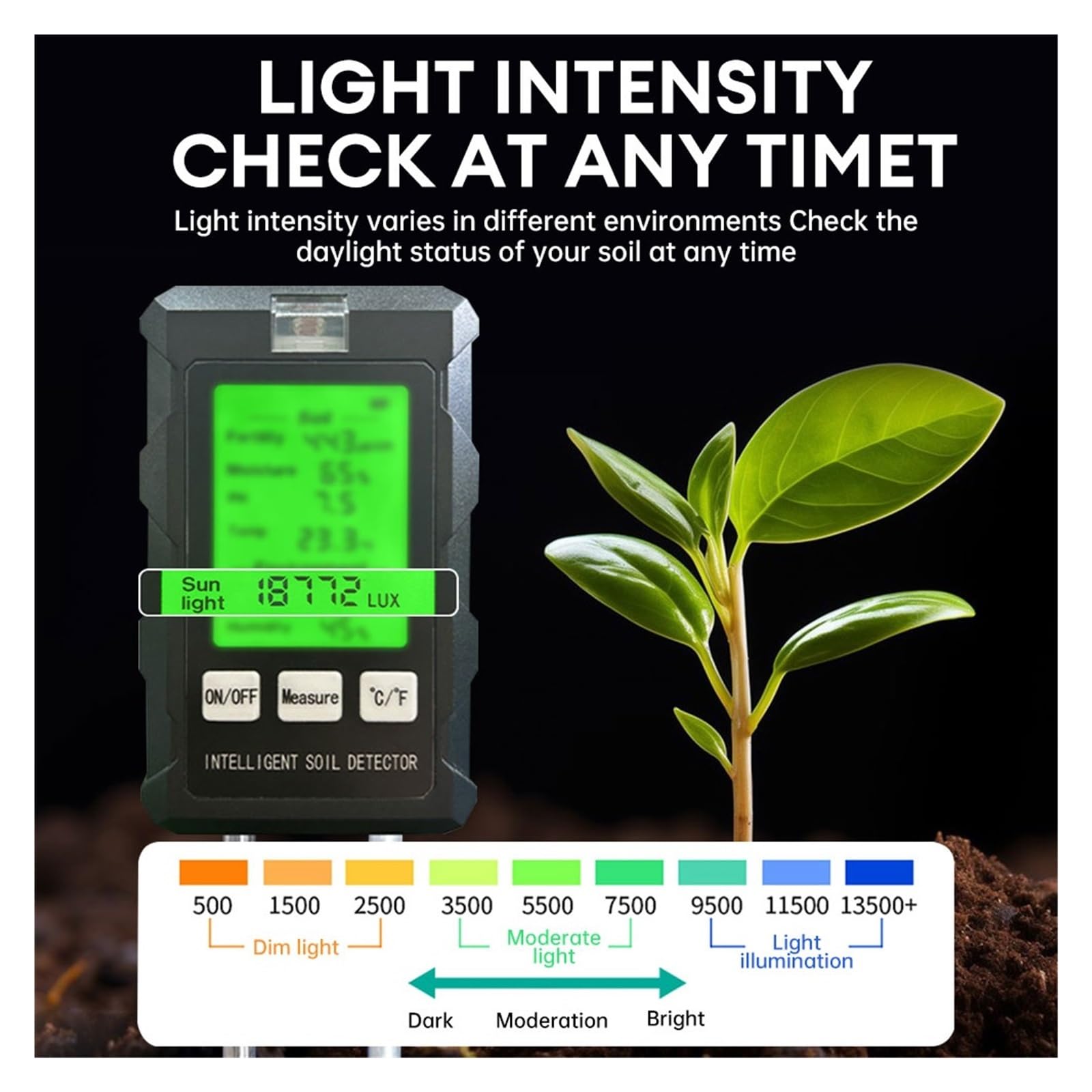Misuratore di umidità 6 in 1, luce solare, pH, temperatura, umidità, fertilità del terreno, piante da giardino, fiori, tester di umidità, sensore di umidità del terreno