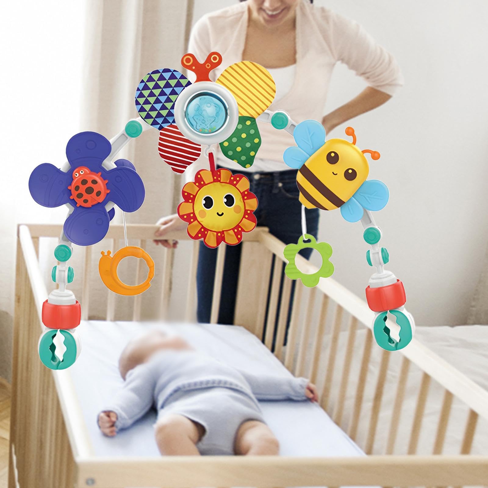 Arche de Poussette Jouet Activité Suspendue Mélodie Animaux Pliable Système Rotatif Convient à Nouveau-né Lit Bébé, Papillon