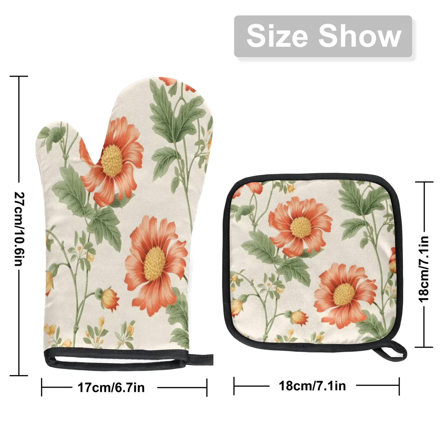 Flower Floral Oven Mitts Kitchen Oven Gloves for Cooking Baking Heat Proof Lining Cotton Kitchen Potholder Mittens Pot Holders Hot Pads for Chef Women Men
