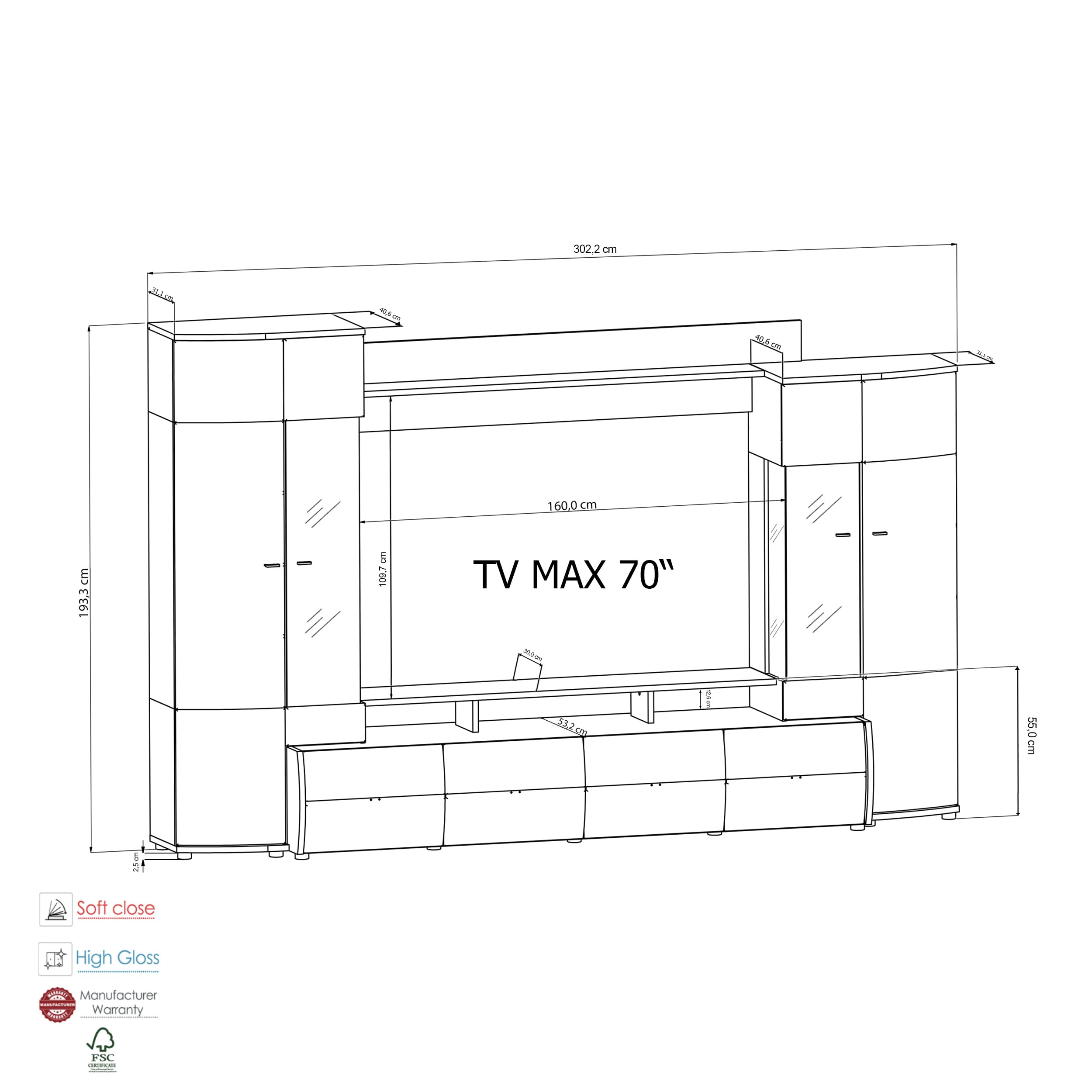 Florina VA Wohnkombination Set 4-Teilig - Modern - Front: MDF Hochglanz - Farbe: Braun/Grau - TV Wand - B/H/T: 302,2 x 193,3 x 53,2