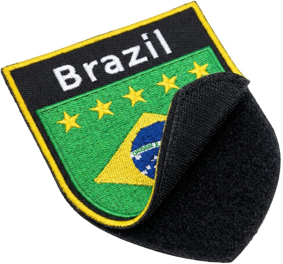 Brazil Flag Shield Patch Hook and Loop, Embroidered Applique Brazil Flags Patches Emblem Badge 2 Pcs