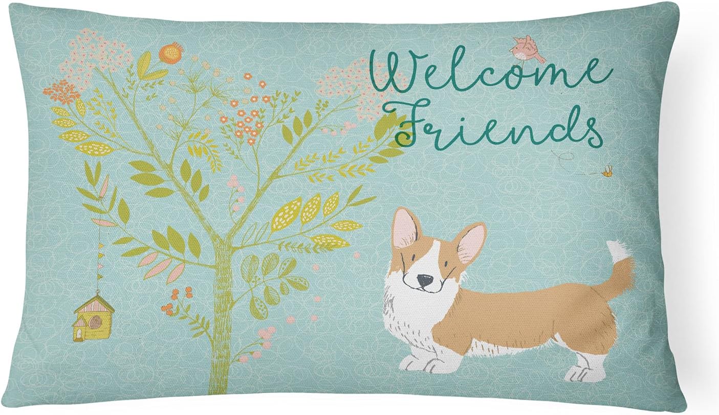 Caroline's Treasures BB7631PW1216 Welcome Friends Red Dachshund Canvas Fabric Decorative Pillow Machine Washable, Indoor Outdoor Decorative Pillow for Couch, Bed or Patio, 12HX16W
