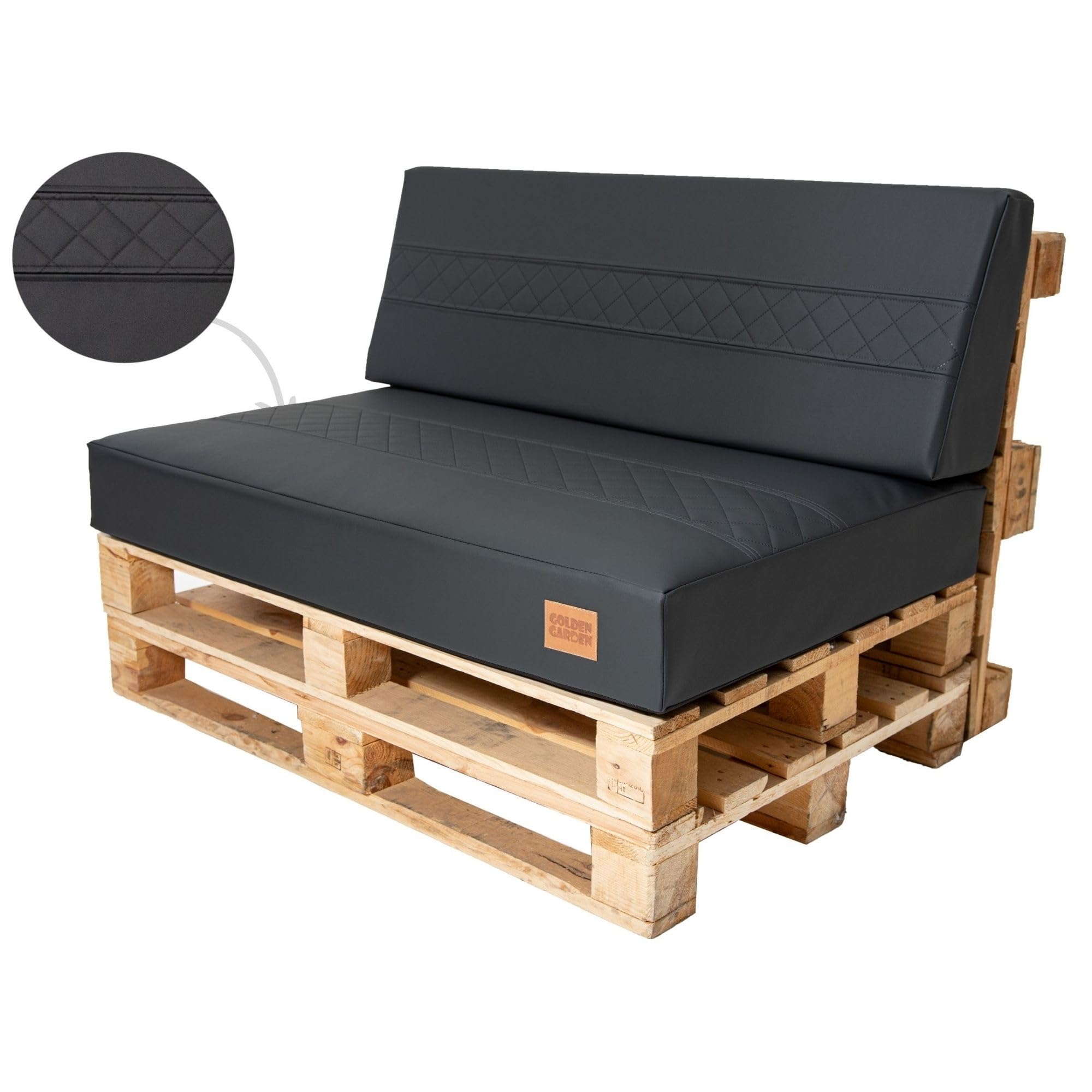 GoldenGroup Gartenset Kissen für Palettenmöbel Schwarz - Eco-Leder mit gestepptem Einsatz Sofakissen - Polster Hartschaum - Sitzkissen 120cm x 80cm x 10cm & 120cm x 40cm x 10/20cm Rückenkissen