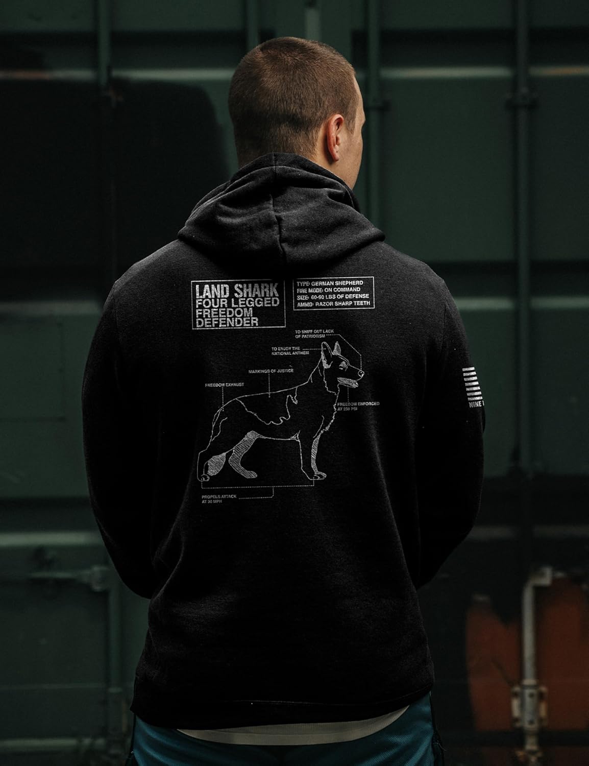 Nine Line Land Shark Hoodie for Men, Patriotic German Shepherd K9, USA Made Military Law Enforcement Graphic Hoodie