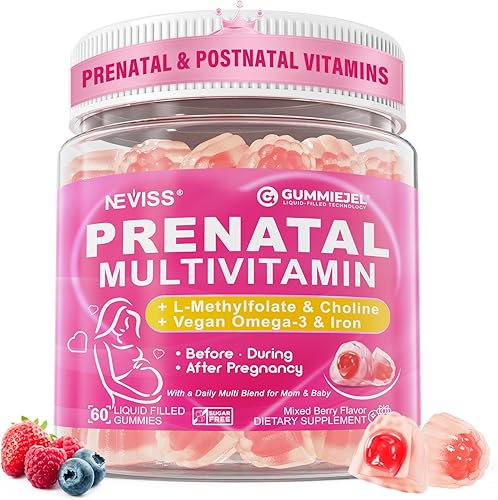 Vitaminas prenatales para mujeres, gomitas multivitamínicas con metilfolato de 1 mg, probiótico de hierro de colina omega-3 (DHA+EPA), gomita