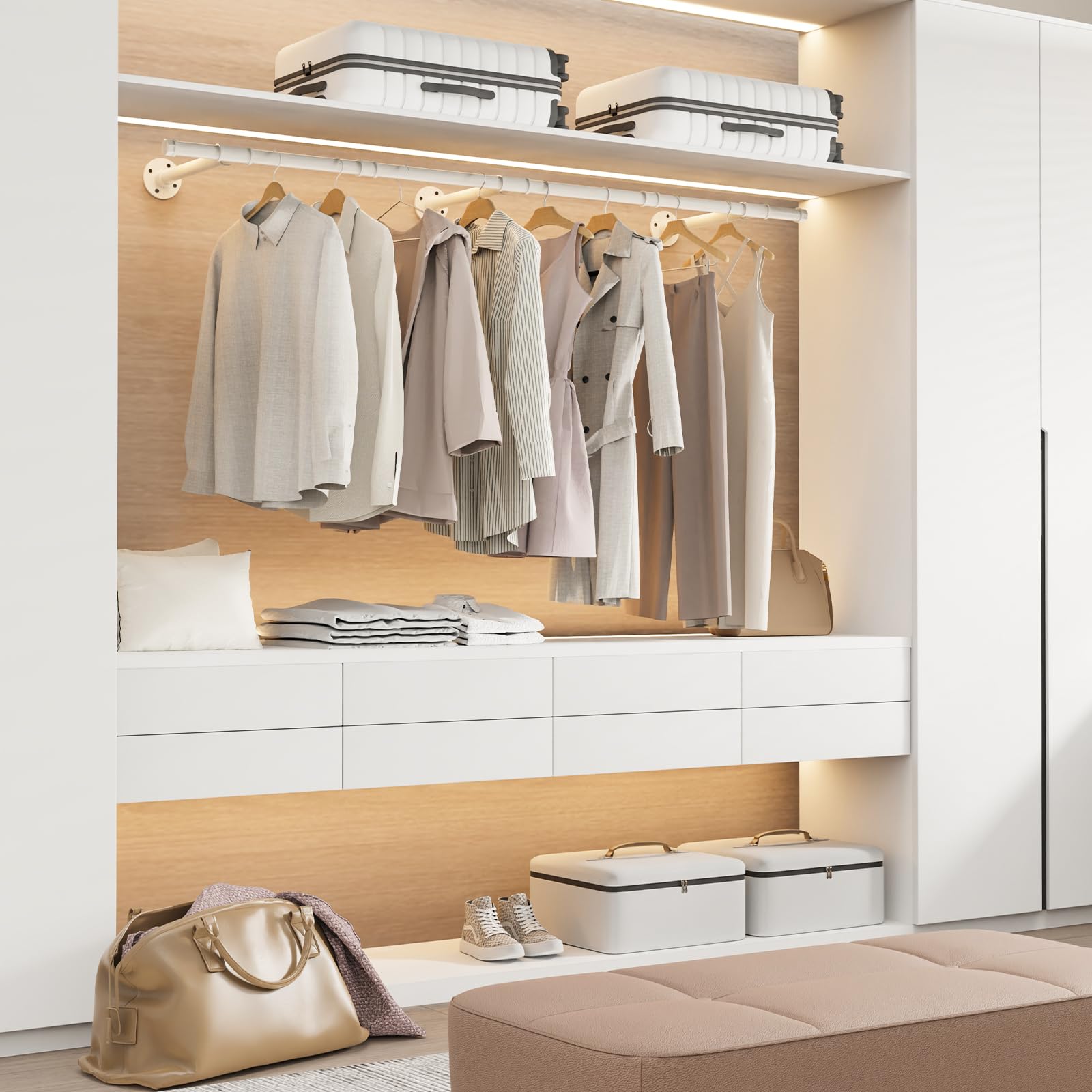 Porte Manteau Mural Tringle, Penderie Murale 150cm, Barre Dressing Industriel, Portant pour Salon, Chambre, Gain de Place, Montage Facile, Robuste et Durable, Beige