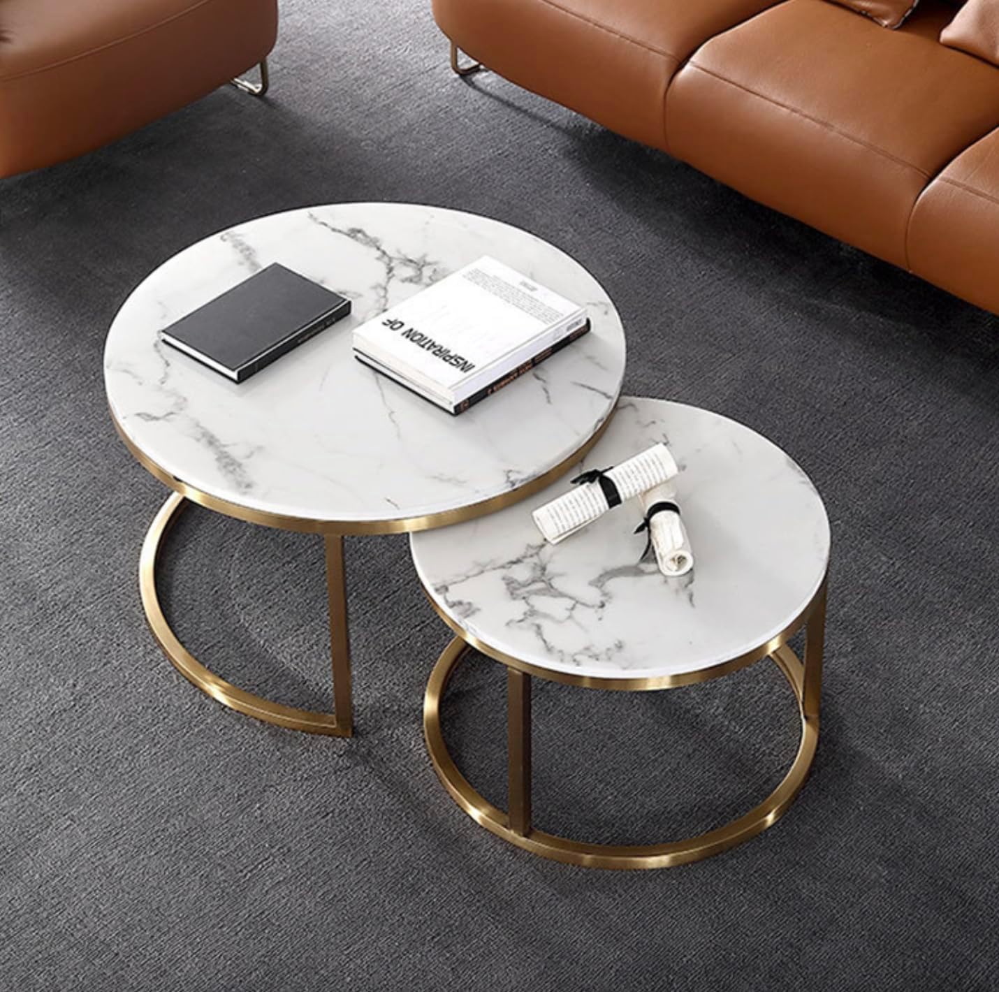 Round Coffee Table Set of 2 White Marble Golden Legs End Tables for