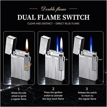Windproof Dual-Flame Refillable Lighter, Switchable Jet Torch (Blue Flame) and Soft Flame Lighter, Refillable & Flame-Adjustable A Light Luxury Gift for Men (Black)(Silver)