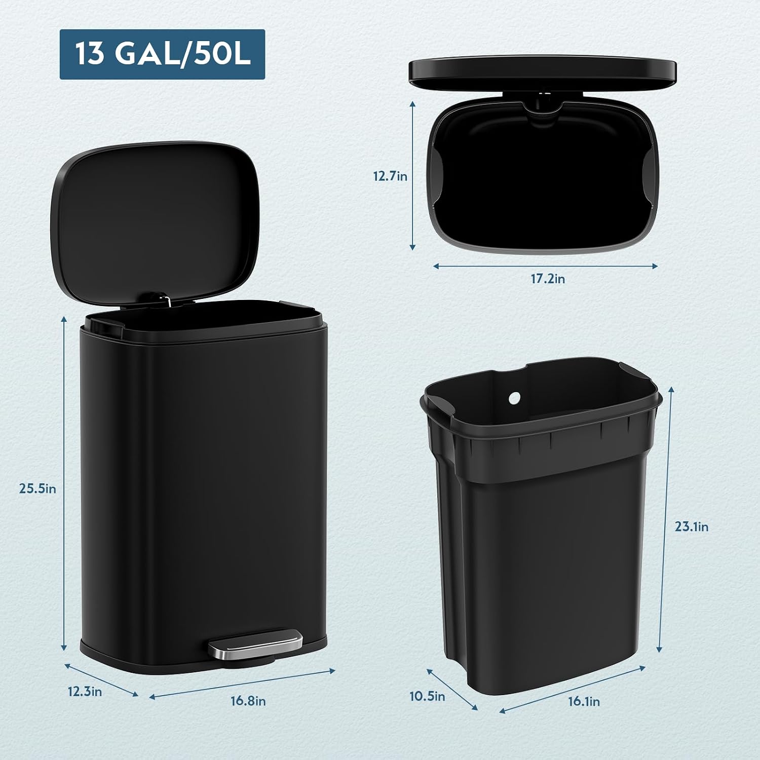 Arlopu 13 gal (50 L) and 2.6 gal (10 L) Kitchen Trash Can Combo Set, Black | Stainless Steel Trash Can W/Removable Inner Bucket, Close Lid, Pedal, Rear Handle, for Kitchen, Office, Bathroom, Indoor
