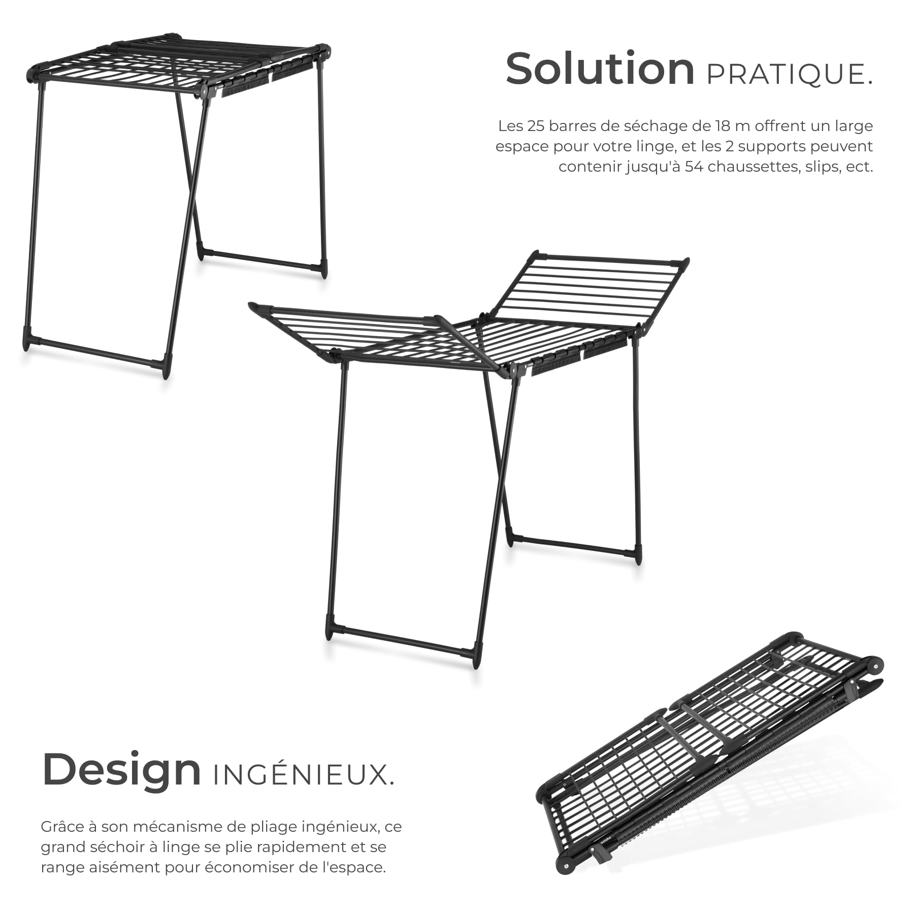 tectake® Etendoir Linge Interieur & extérieur Séchoir à Linge Pliable avec etendage de 1,80m, Etendoir Chaussette & Petites pièces Rangement buanderie pour lessive Organisation Maison - Noir