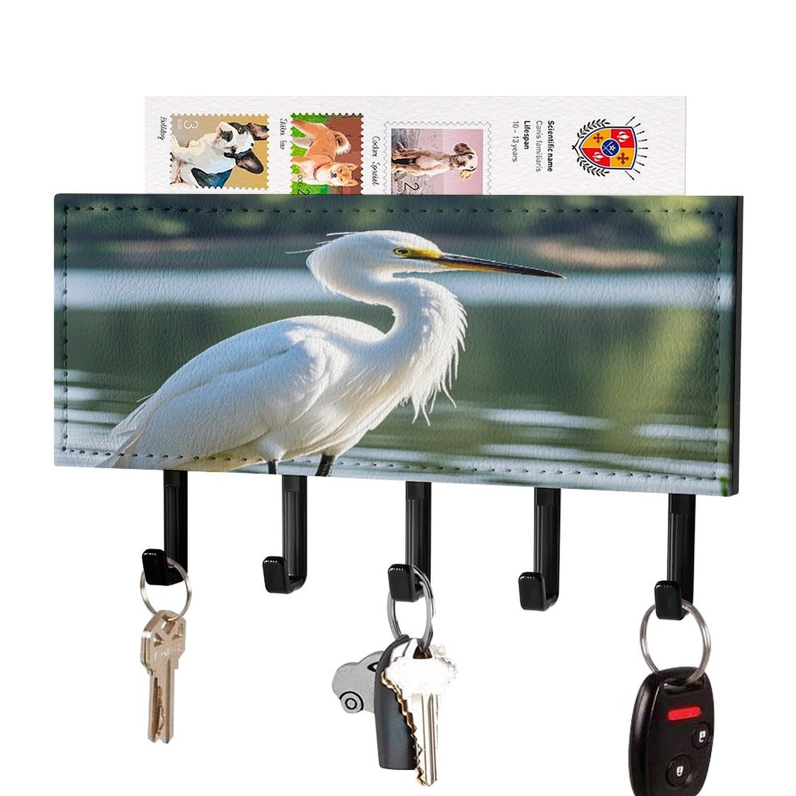 Fekiloot Black-Style Heron Key Holder Wall Mount Key And Mail Holder Key Hanger With 5 Hooks Decorative Pu Key Rack Hanging Key Hooks For Wall Living Room Kitchen Bathroom Hallway