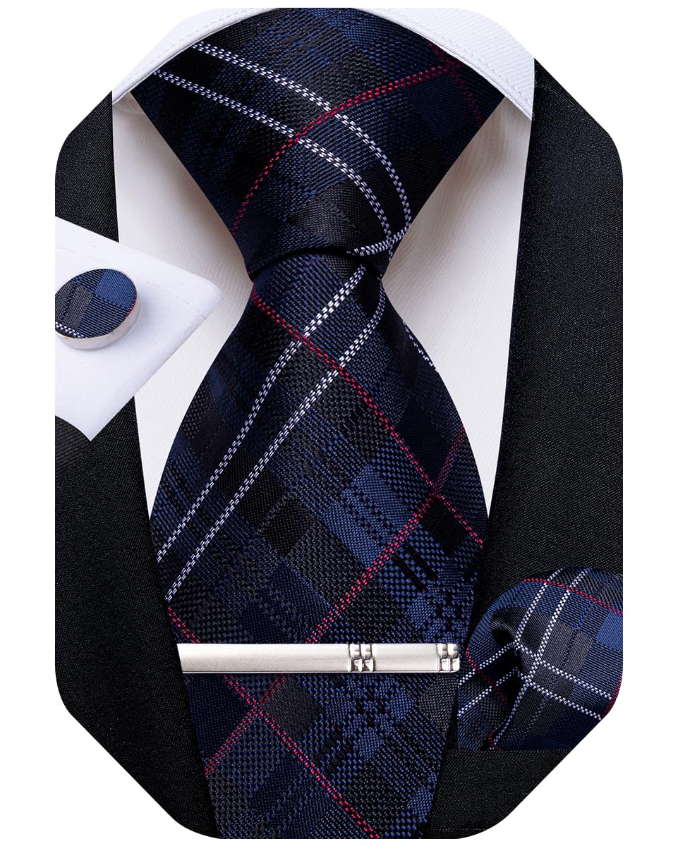 DiBanGu Mens Silk Plaid Tie and Pocket Square Set