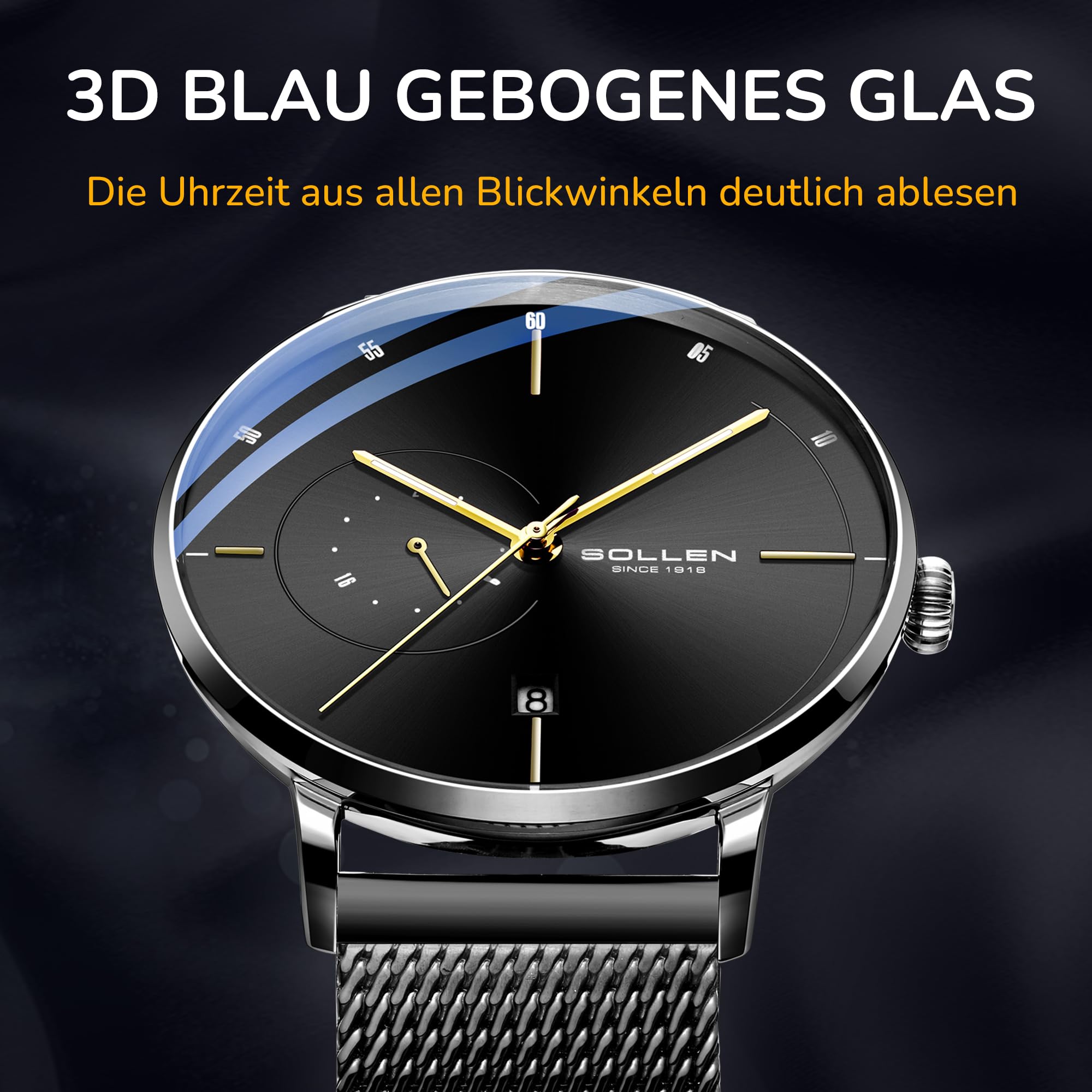 SOLLEN Minimalistische Automatikuhren Herren,Automatische Herrenuhren,Originales Mechanisches Uhrwerk,Wasserdicht Leuchtend Selbstaufzug Herrenuhr mit Kalendar,Business Armbanduhr für Männer