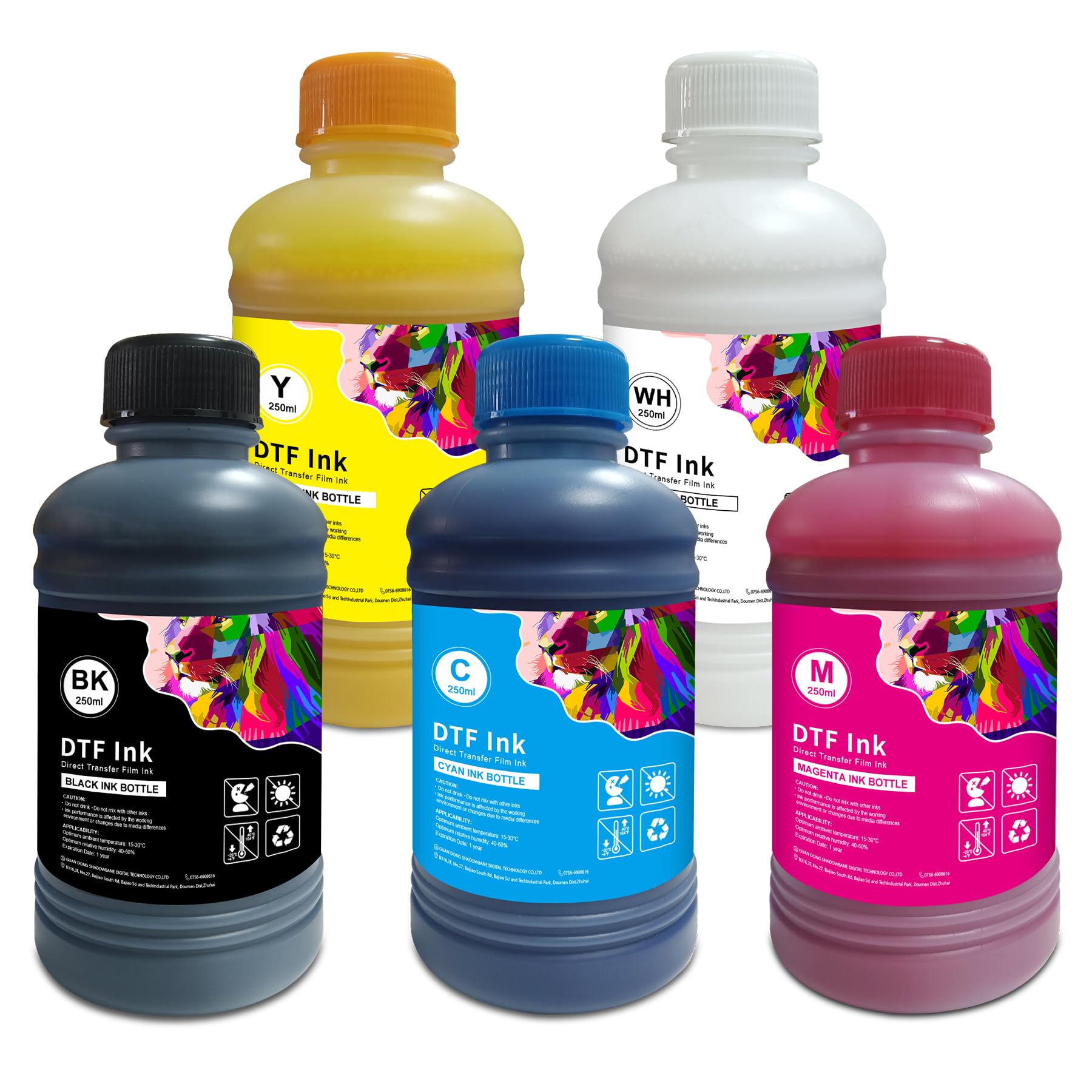 DTF Inchiostro 5x250ml Inchiostro a pigmenti premium per pellicole PET, inchiostro di ricarica per trasferimento termico per tutte le stampanti DTF con testine di stampa come DX5 DX7 5113