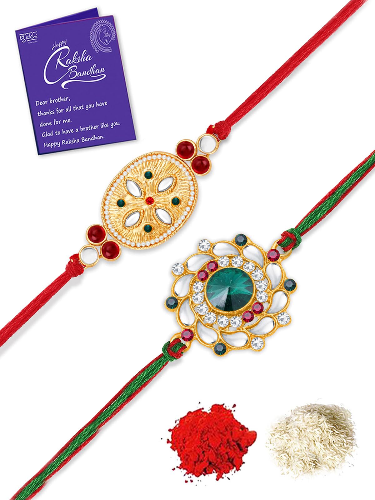 Sukkhi Rakhi Innovative Kundan Rakhi Combo & Designer Gold Plated Premium Rakhi for Brother, Roli Chawal & Greeting Card|Rakhi for Bhaiya|Rakhi for MEN|Kundan Rakhi|Rakhi Combo-Set of 2 |CBRAK105036 (B0C7W3L9CS) Amazon Price History, Amazon Price Tracker