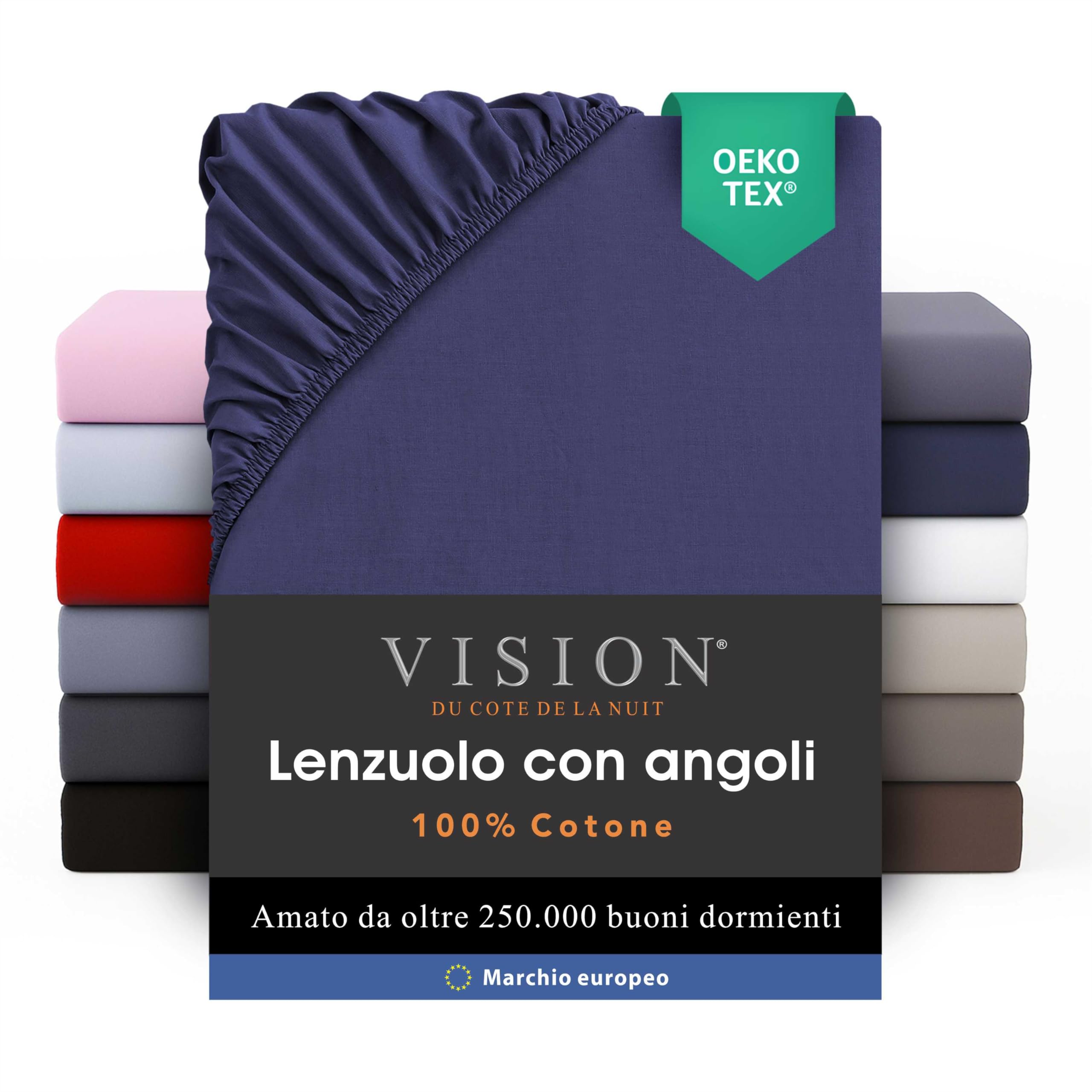 VISION Lenzuolo con angoli - 100% cotone - Letto matrimoniale (180 x 200 cm) - Angoli elasticizzati - Adatto a materassi fino a 30 cm - Certificato Oeko-Tex - Lavabile in lavatrice - Colore: blu navy