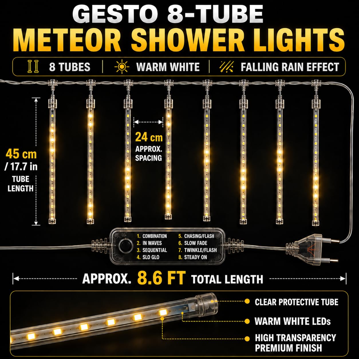 Gesto Meteor Shower LED Lights - Falling Rain Decor -7