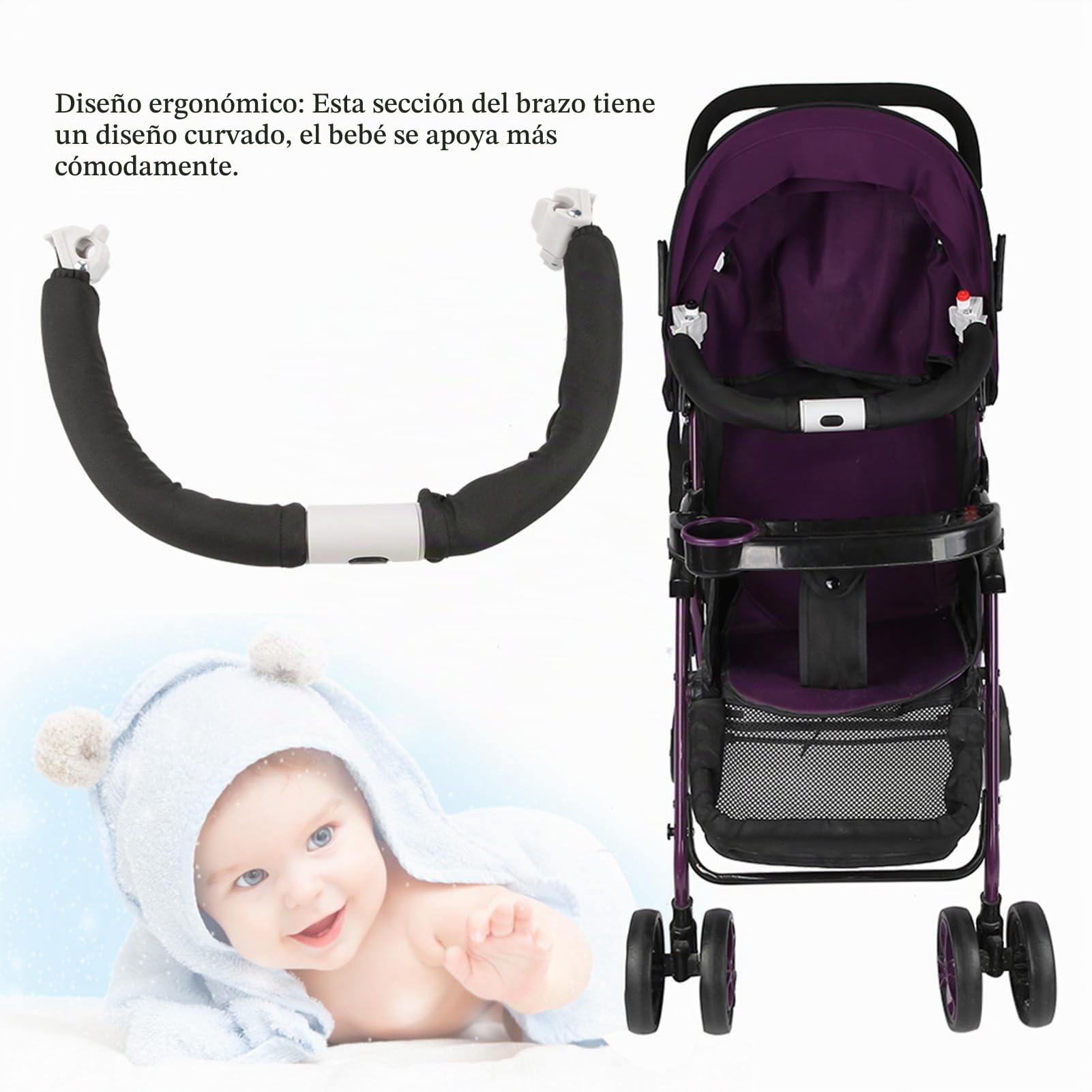 FTVOGUE Manillar Ajustable para Cochecito de Bebé, Barra Parachoques de Seguridad, Reposabrazos para Cochecito, Negro