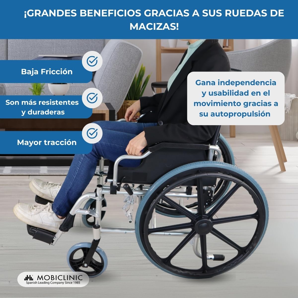 Mobiclinic®, Silla de ruedas, Plegable, Ligera, Sistema subebordillos, Freno estacionamiento, Modelo ópera, Aluminio, Macizas, Reposabrazos abatibles, Reposapiés extraíbles, Ergonómica