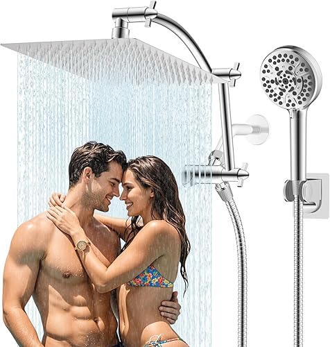 Hibbent Cabezal de ducha de metal de 12 pulgadas, cabezal de ducha de alta presión, combo de cabezal de ducha de mano, brazo de extensión de ducha
