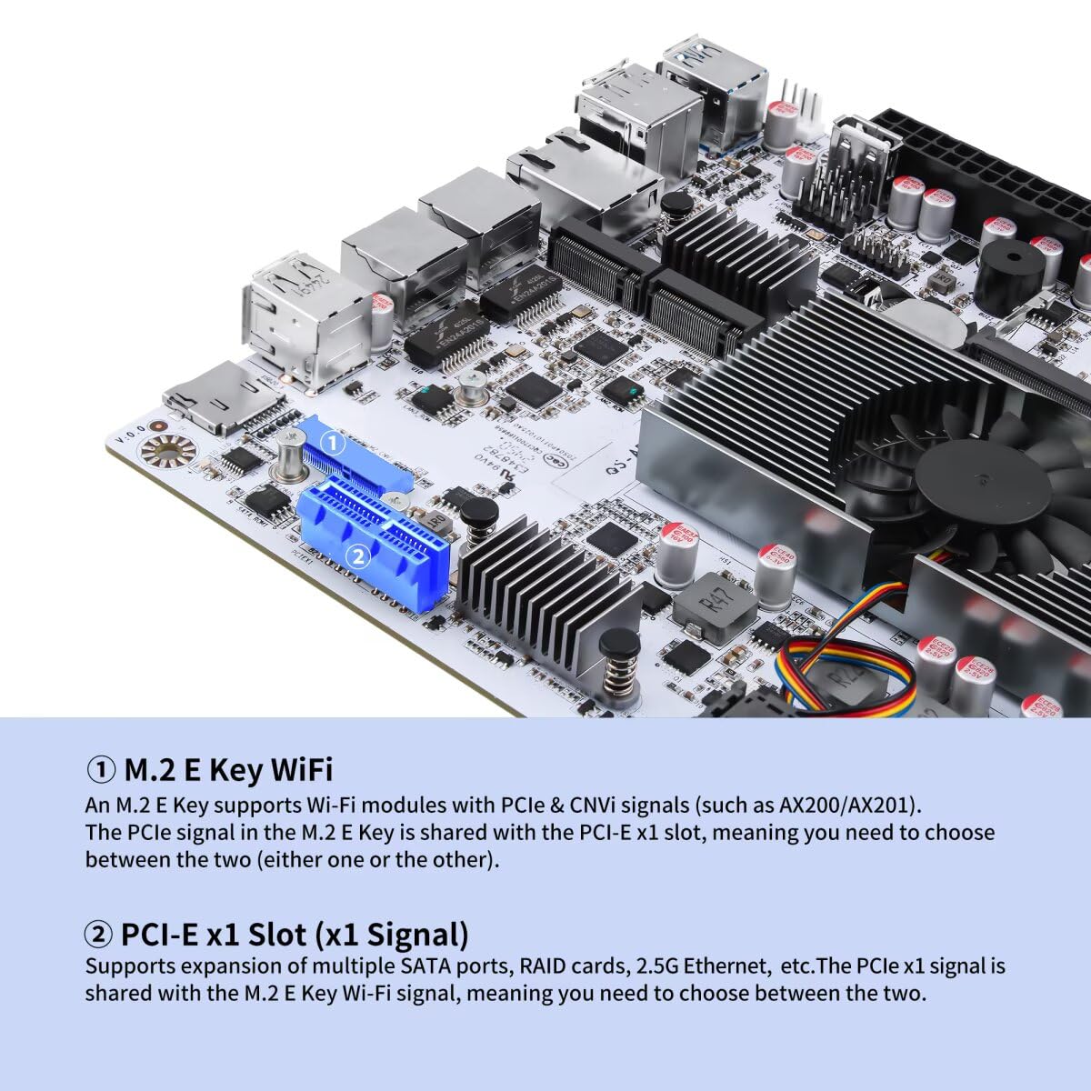 10G NAS Motherboard N150 8 Bay, M8 Mini ITX Mainboard(N100 Update) 2xM.2 NVMe DDR5 No RAM No SSD, Firewall Dual 2.5gbit LAN, M.2 WiFi, PCIEx1, USB C, TF Slot with 2xSFF-8643 Cable