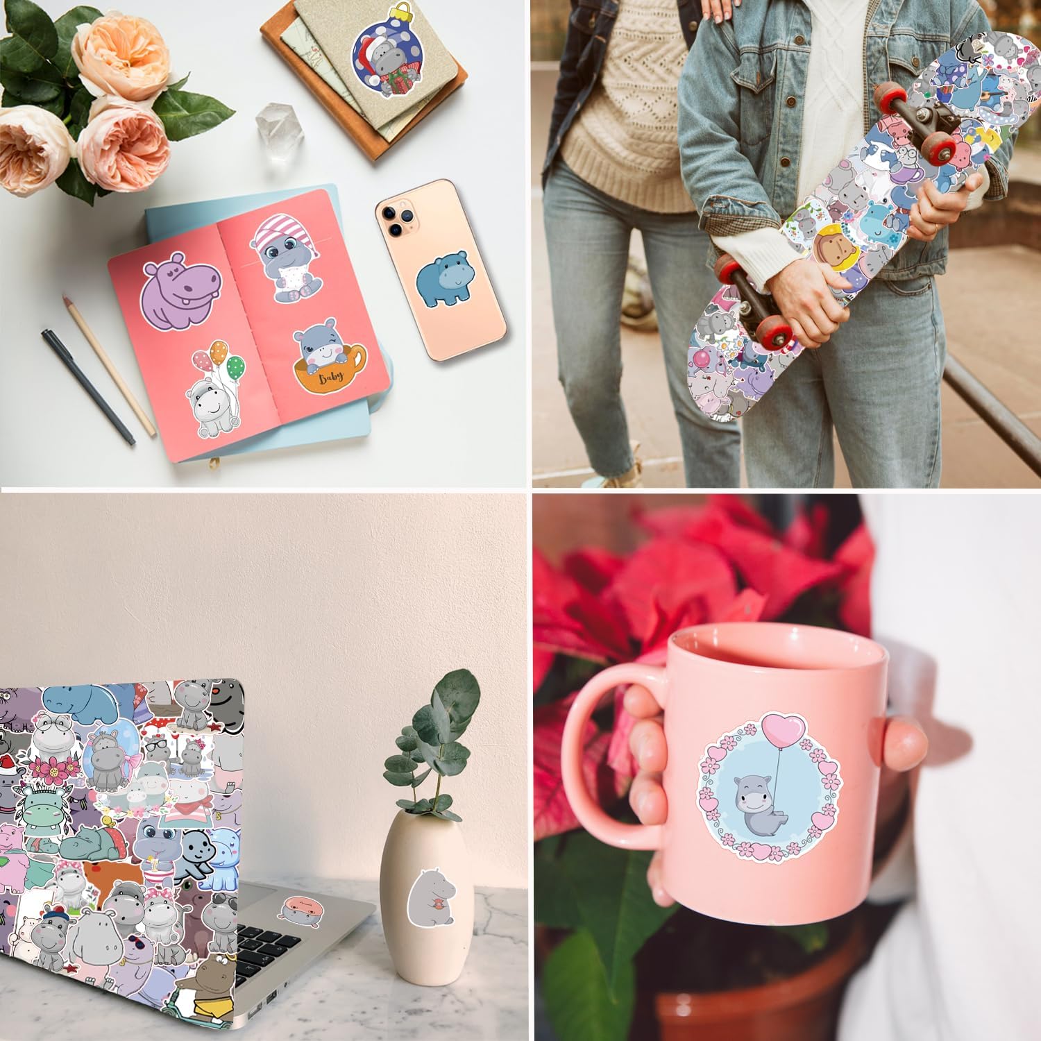 100 Pieces Hippo Stickers Cartoon Vinyl Waterproof Stickers for Laptop,Guitar,Motorcycle,Bike,Skateboard,Luggage,Phone,Hydro Flask, Gift for Teen Birthday Party - Image 4