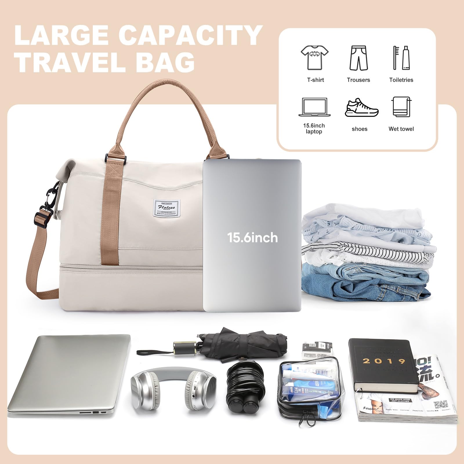 HPLQQ Sac de Voyage Femme, Bagage Cabine 45x36x20 Easyjet, Imperméable Sac fourre-Tout de Sport pour Week-End pour Travel Gym Danse avec Compartiment Chaussures,A01-Marron Beige