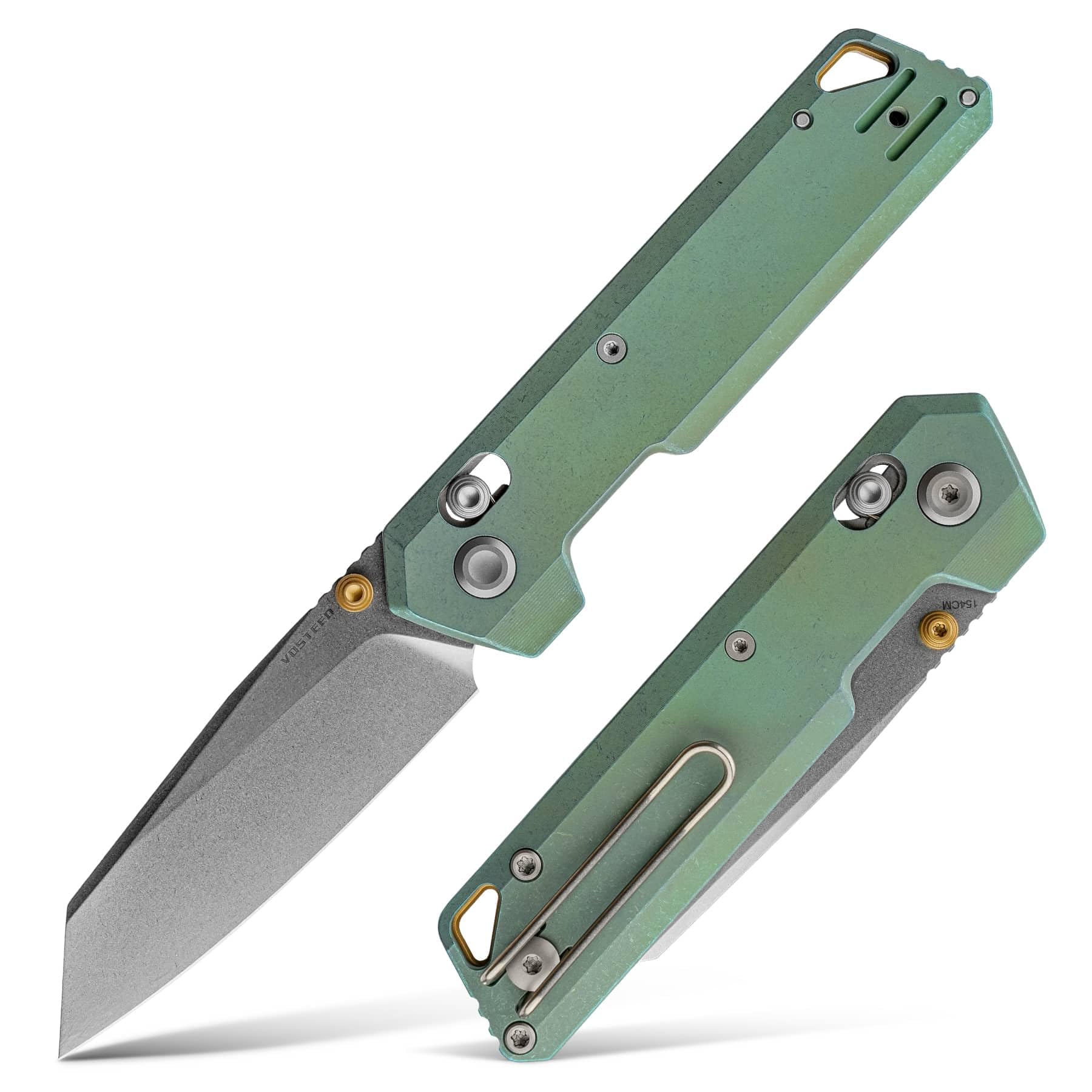 Vosteed Parallel Ultra Thin Folding Pocket Knife - 2.90" 154CM Stonewash Blade, Reverse Tanto - Crossbar Lock, Green Titanium Handle - Surviving, Camping Knives - A3519