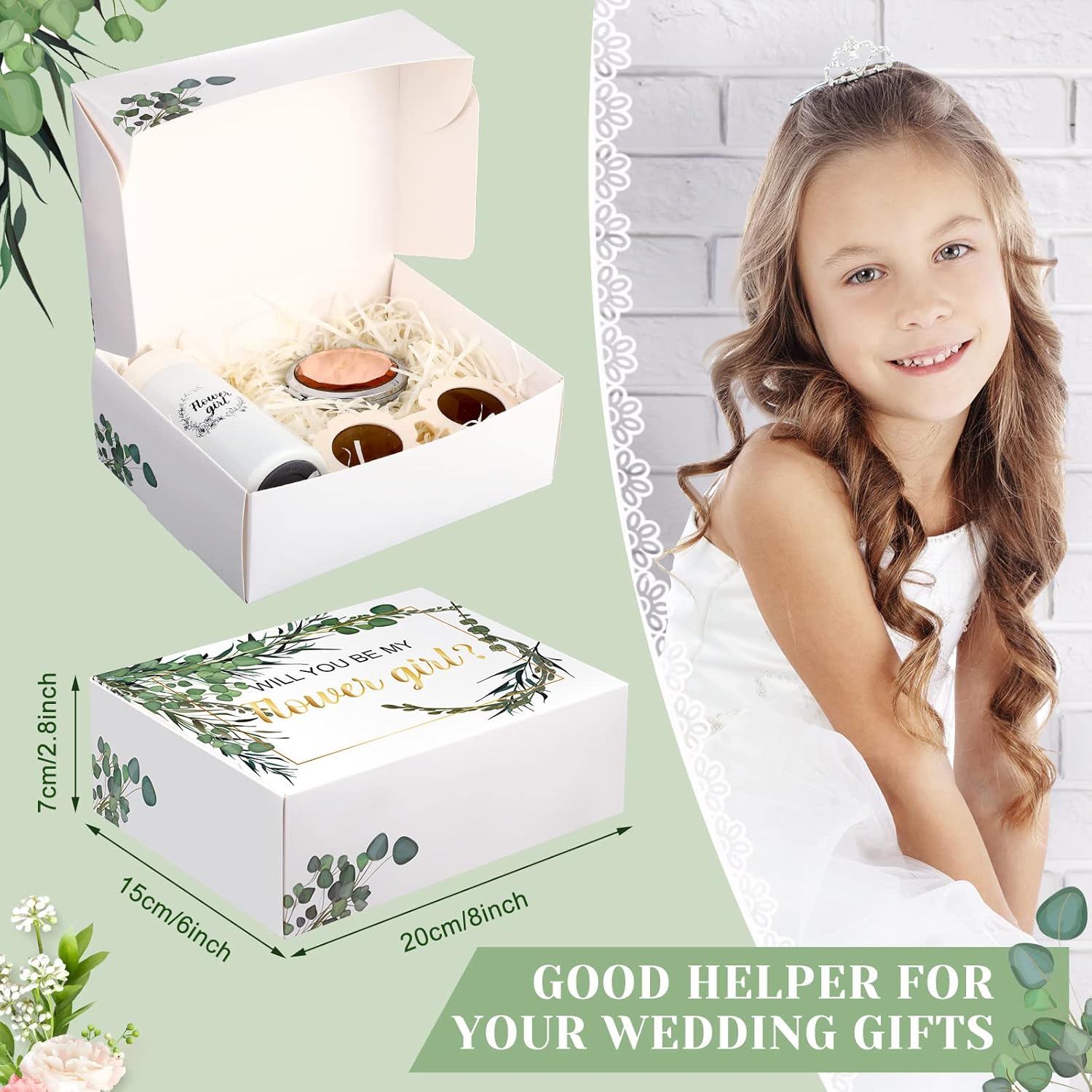 Crtiin 18 Pcs Flower Girl Gifts Wedding Proposal Box Kit from Bride Will You Be My Flower Girl Gifts Card Tumbler Daisy Necklace Sunglasses Diamond Pen Hair Ring Mirror Green Sage Wedding Party Favors