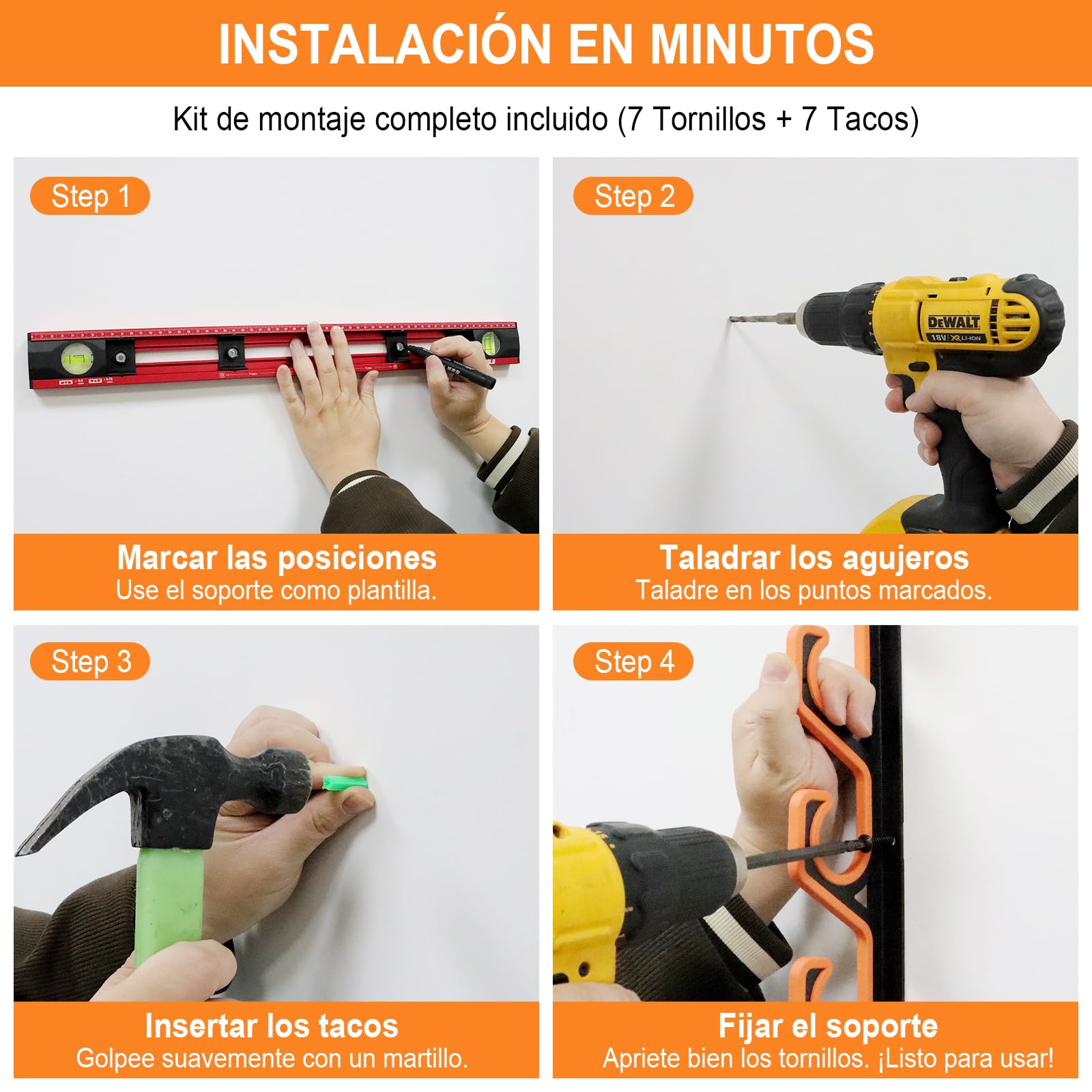 Soporte Cañas Pescar Pared Techo, Organizador Horizontal 5 Cañas, Porta Cañas Pescar Garage Goma PU, Estante Antiarañazos Negro Amarillo