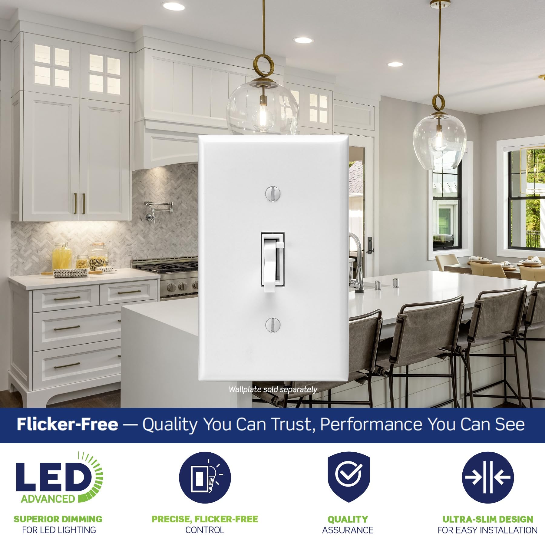 Leviton Toggle Slide LED Advanced Dimmer Switch for 150W Dimmable LED, Halogen and Incandescent Bulbs and Fixtures, TSL01-W, White - 3