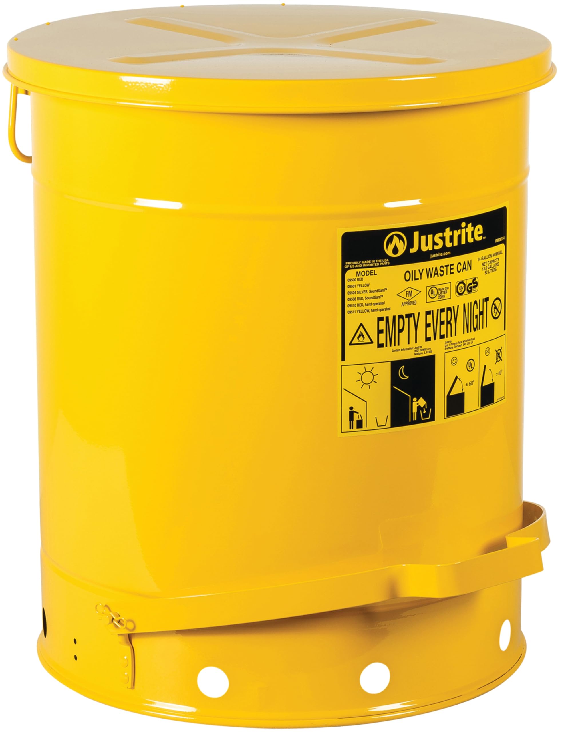 Justrite 14 Gallon Galvanized Steel Oily Waste Can, 20" x 16" Metal Oil Rag Safety Can with Foot Operated Self-Closing Lid for Oil Rag Disposal, Made in The USA, Yellow, 09501