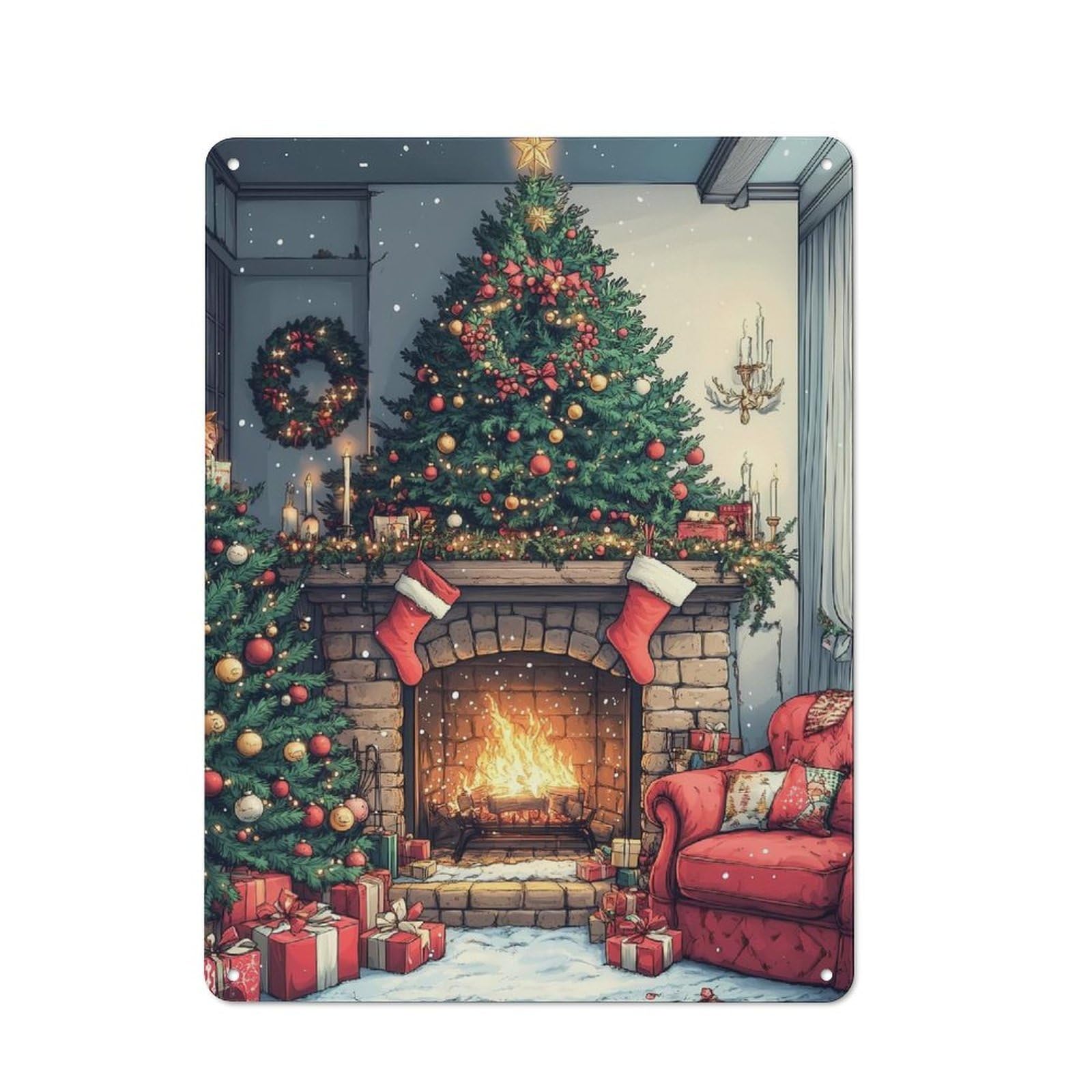 Junmoney Cozy Christmas Fireplace Funny Vintage Tin Wall Plaque 40X30cm For Hallway Wall, For Kitchen, Dining Room And Home Bar Wall Decor