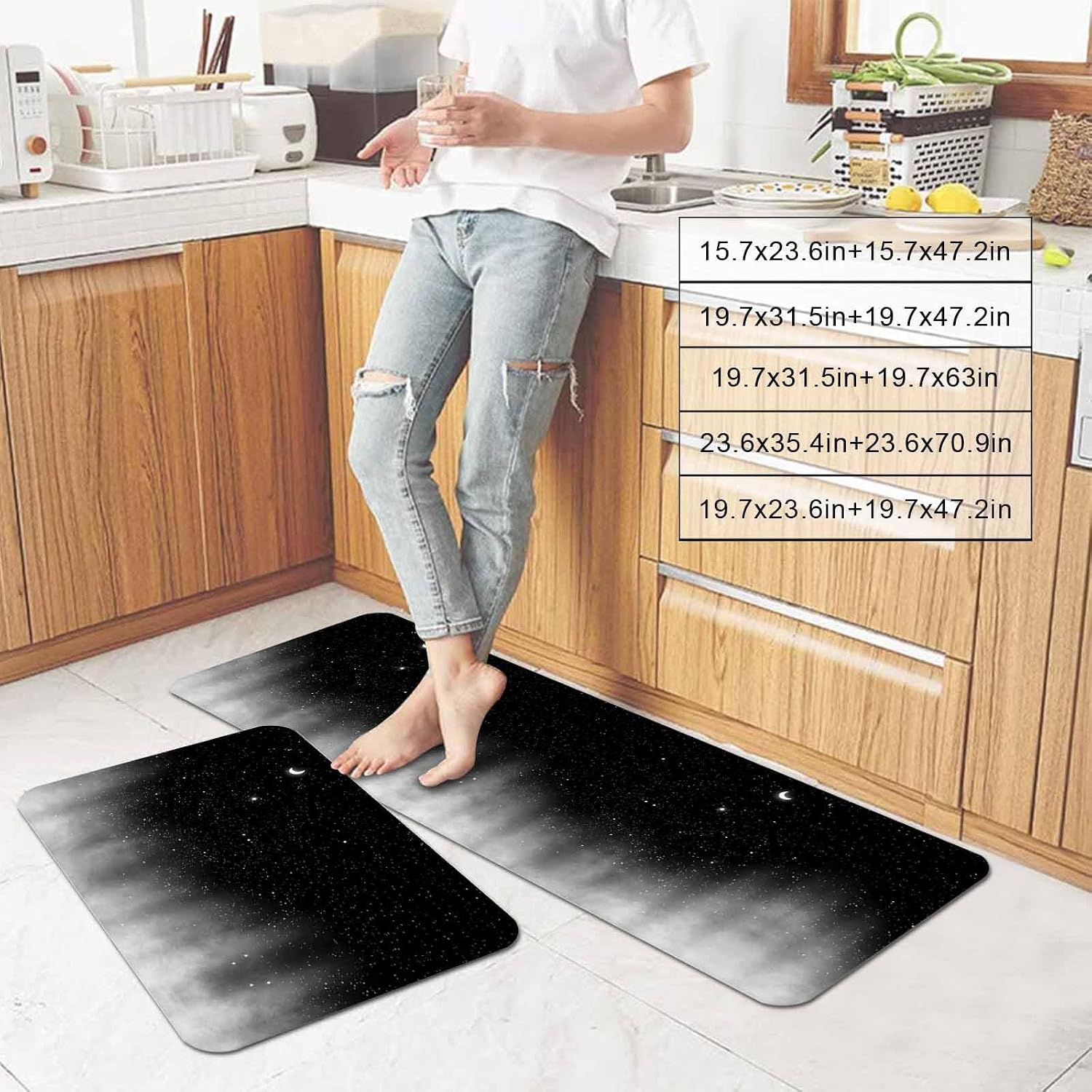 Prime Leader Crescent Moon Kitchen Mat Set 2 Pieces Dreamy Black Misty Cloud Gray Gradient Fog Non Slip Kitchen Rugs Washable Runner Rug Mats for Floor Sink Laundry Office 15.7" x 23.6"+15.7" x 47.2"