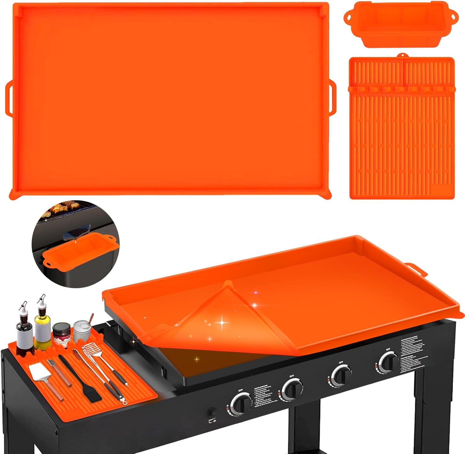 36" silicone griddle mat cover for blackstone 36 inch griddle accessories with 16" spatula mat & grease cup liner, food grade silicone grill cover full-edge protect from dirt, rust, set of 3