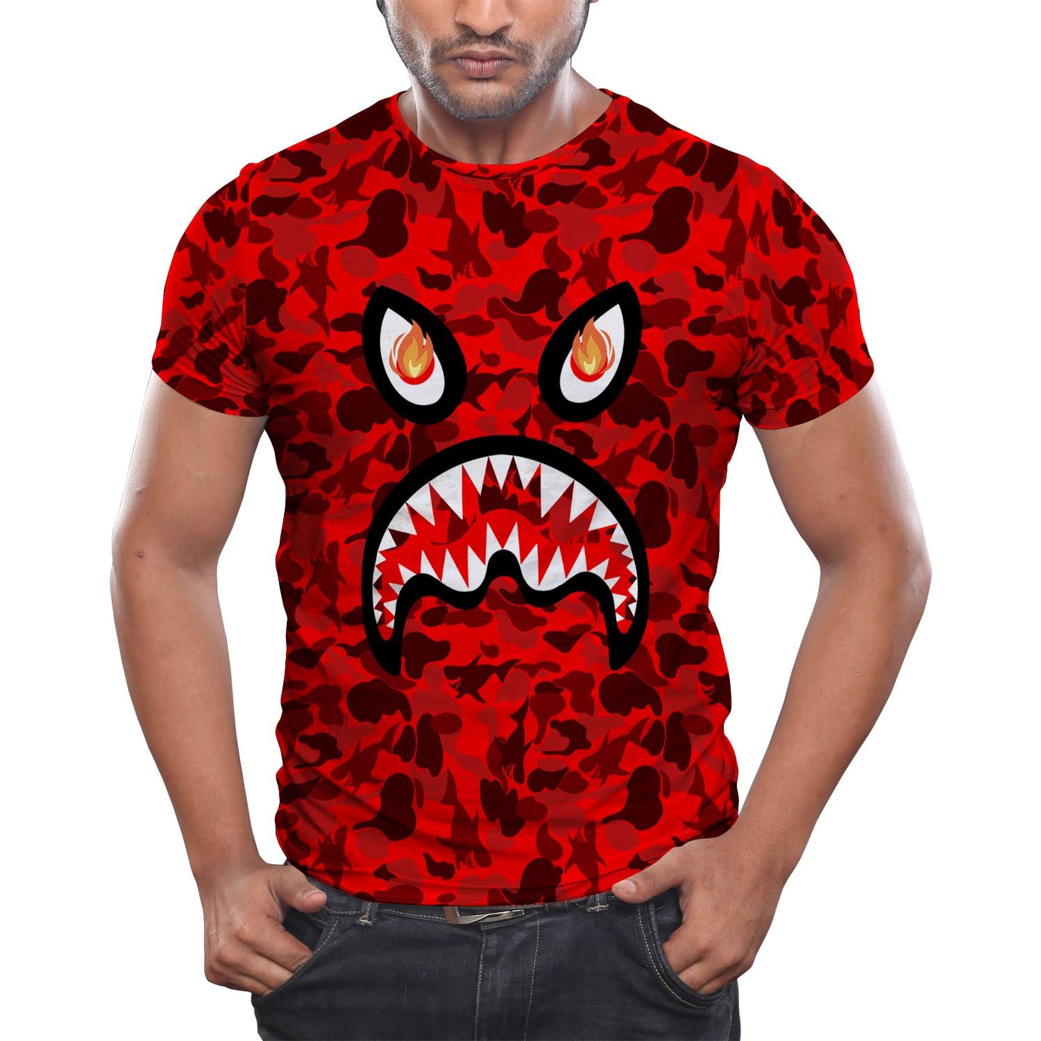eereqles2023 New Shark Mouth Top Men Cute Oversized T-Shirt Camouflage Shark Jaw Gray T-Shirt