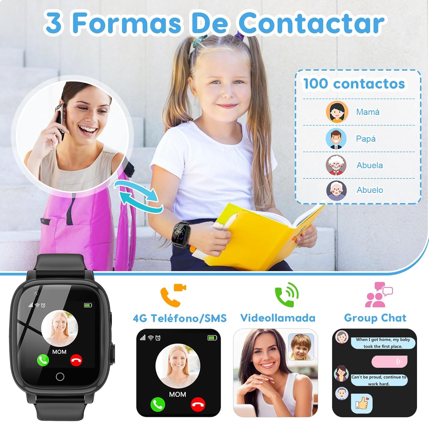 ele ELEOPTION 4G Smart Watch for Kids Ages 4-12 Kids Watch Support 2 Way Call, SOS Alerts, Parental Controls, Games, Camera, Alarm, Music Children's Waterproof Smartwatch Calling Gift Black