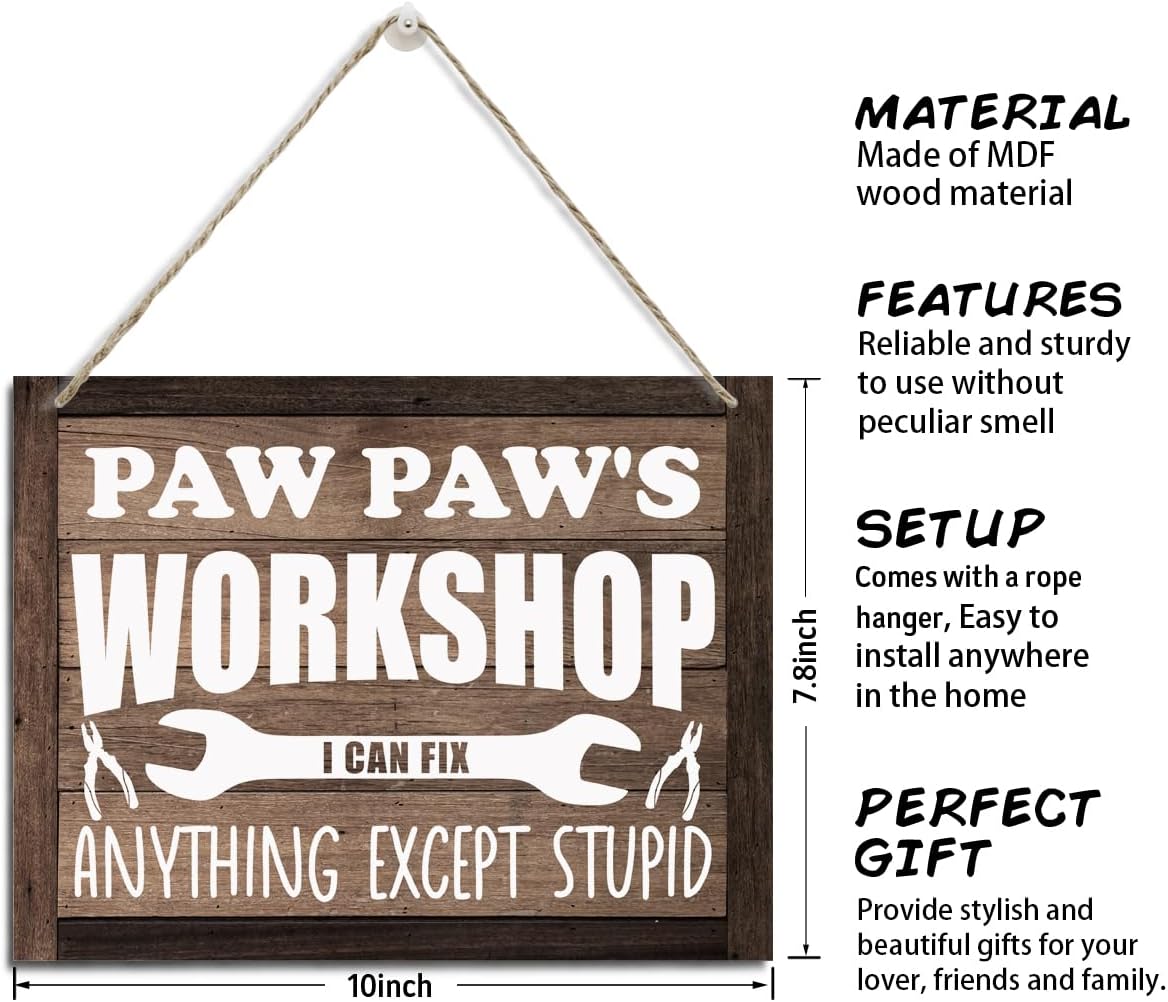 Pawpaw's Workshop Sign Gift for Grandpa, Decorative Hanging Wood Plaque for Wall, Rustic Farmhouse Wall Decor, Funny Workshop Garage Decor, Grandpa Gift for Father's Day, Birthday, Christmas - Image 2