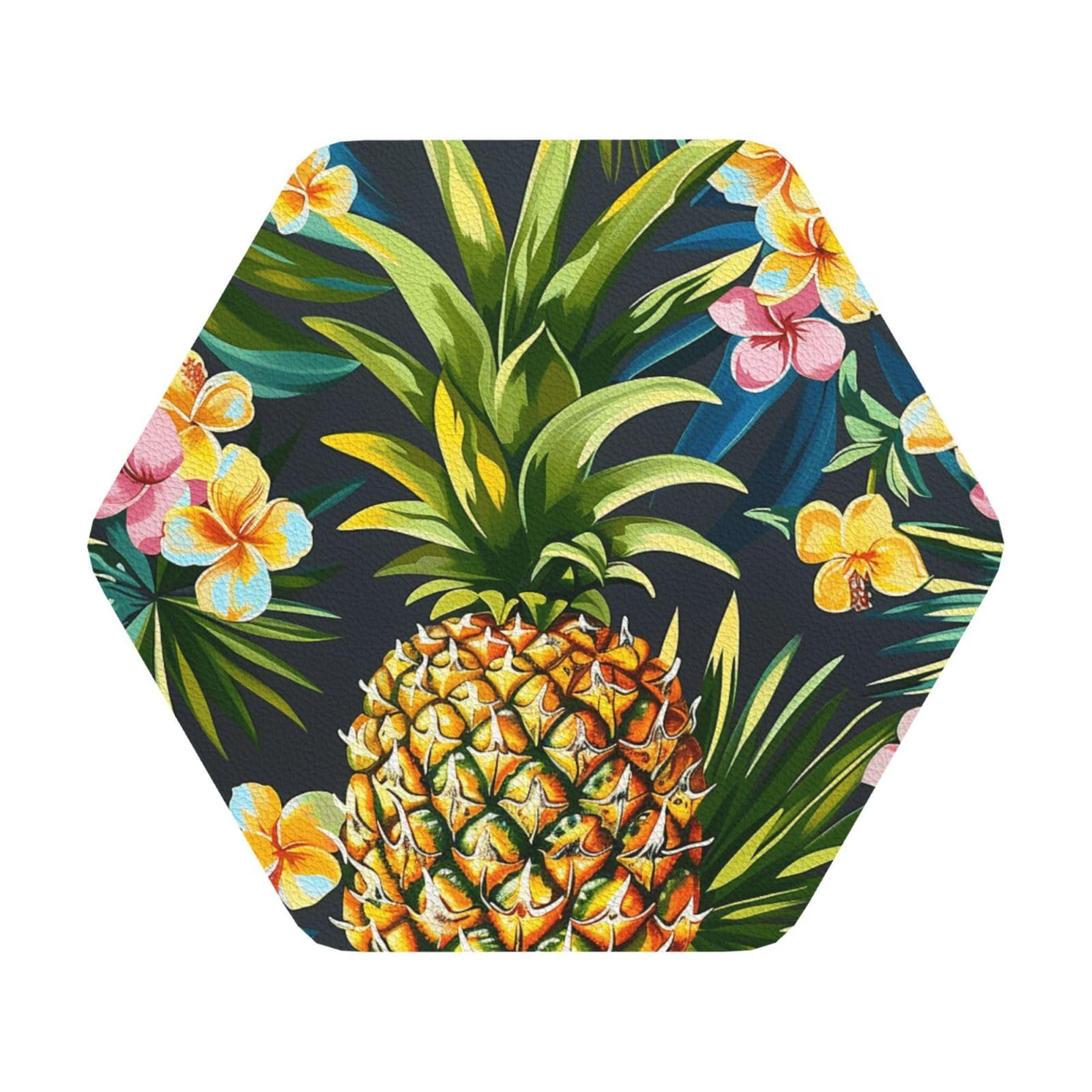 Tropical Pineapple Hawaiian Print Leather Coaster Set of 6, Hexagon Coasters Table Decorative Coffee Cup Beverage Coasters Wine Beer Bar Coasters for Hot Drinks Table Protection