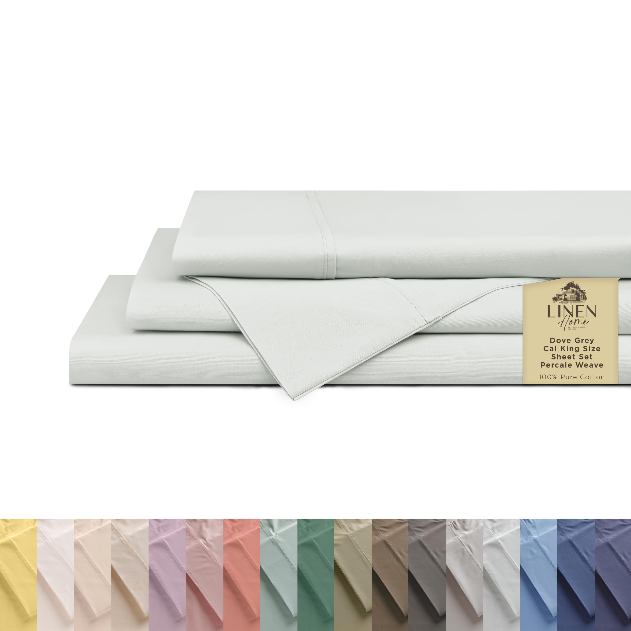 Linen Home 100% Cotton Percale Sheets California King Size, Dove Grey, Deep Pocket, 4 Pieces Set - 1 Flat, 1 Deep Pocket Fitted Sheet and 2 Pillowcases, Crisp Cool and Strong Bed Linen