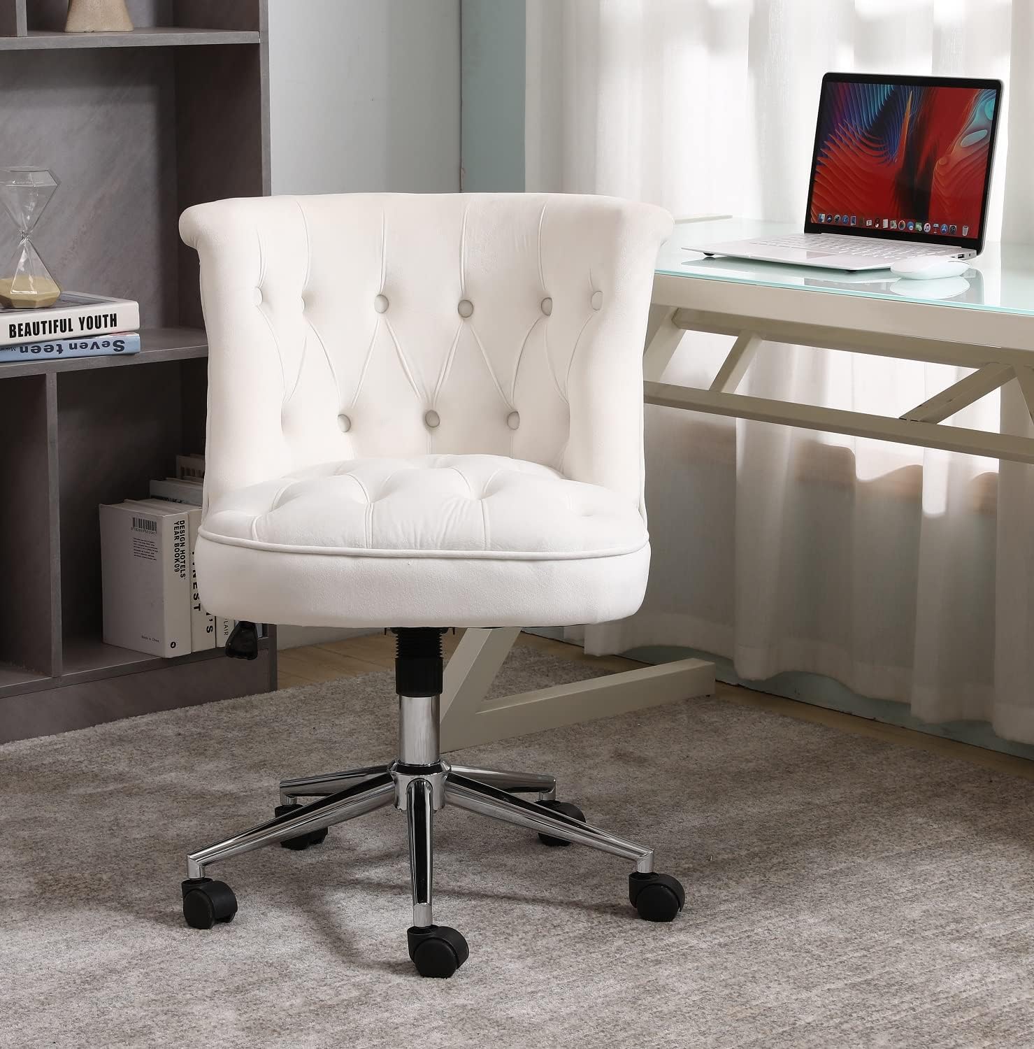 poplarbox Home Office Desk Chair Velvet Desk Chair with Metal Base Upholstered Velvet Accent Chair Modern Adjustable Swivel Chair for Home Office (Beige)