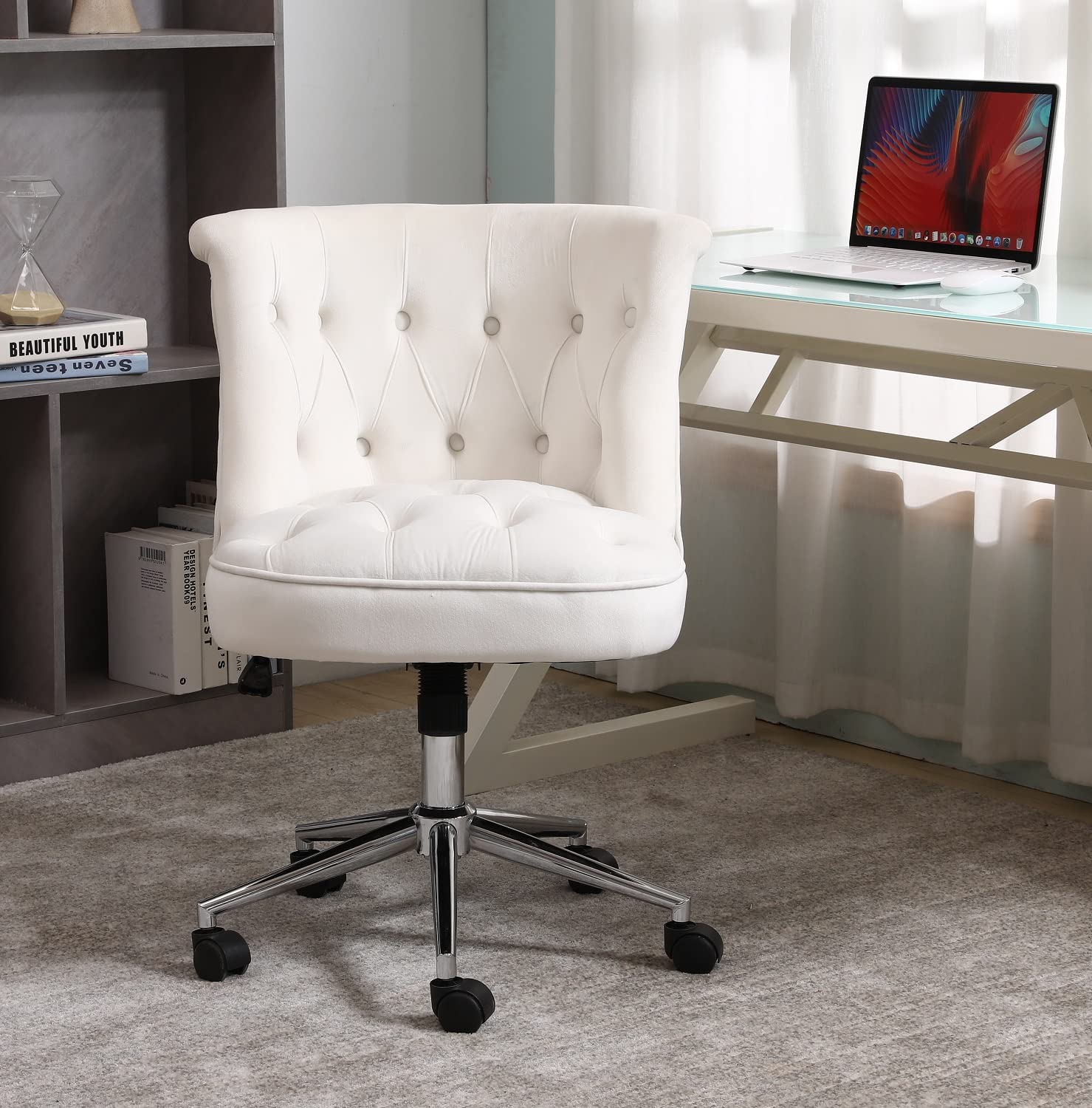 poplarbox Home Office Desk Chair Velvet Desk Chair with Metal Base Upholstered Velvet Accent Chair Modern Adjustable Swivel Chair for Home Office (Beige)